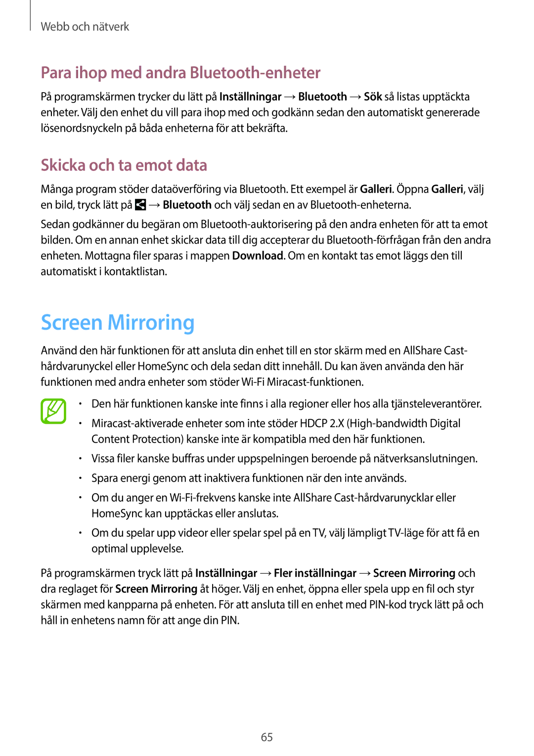 Samsung GT-N8020ZWATLA, GT-N8020EAATLA Screen Mirroring, Para ihop med andra Bluetooth-enheter, Skicka och ta emot data 