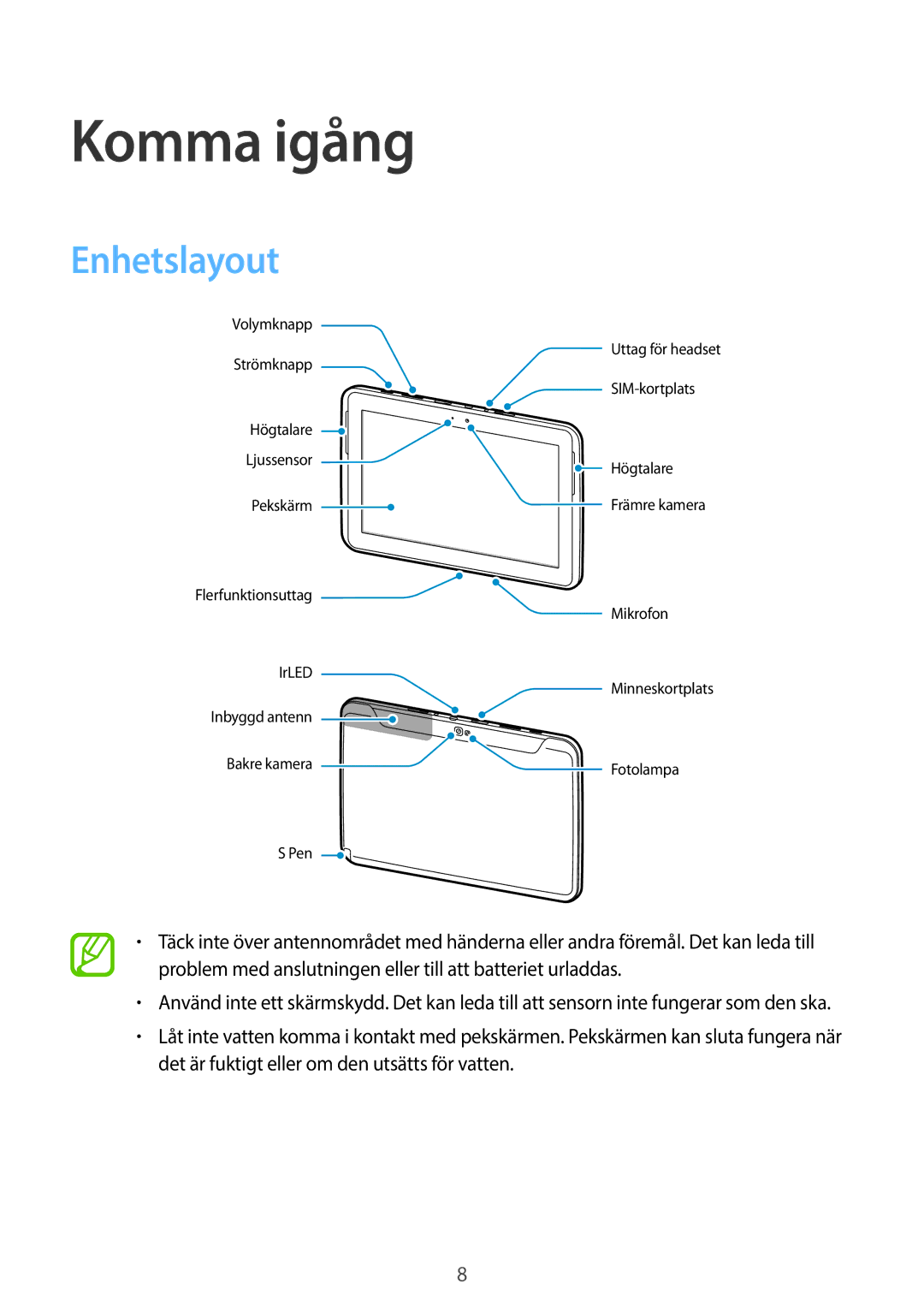 Samsung GT-N8020ZWATEN, GT-N8020EAATLA, GT-N8020EAANEE, GT-N8020ZWANEE, GT-N8020ZWAHTD manual Komma igång, Enhetslayout 