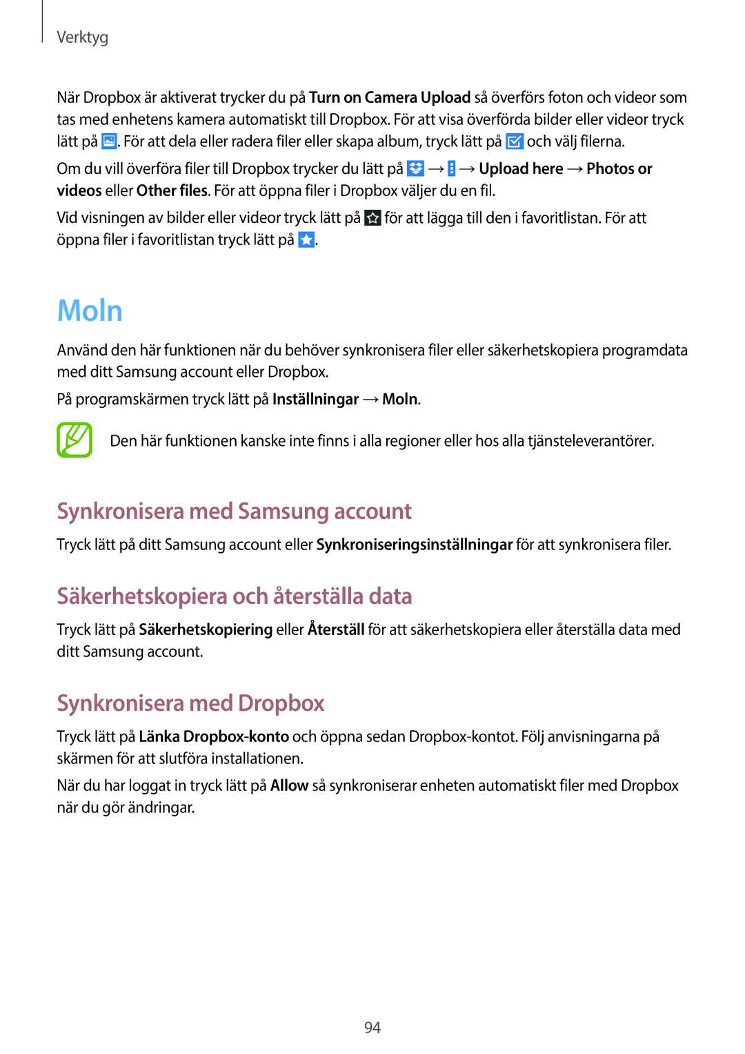 Samsung GT-N8020ZWAHTD, GT-N8020EAATLA manual Moln, Synkronisera med Samsung account, Säkerhetskopiera och återställa data 