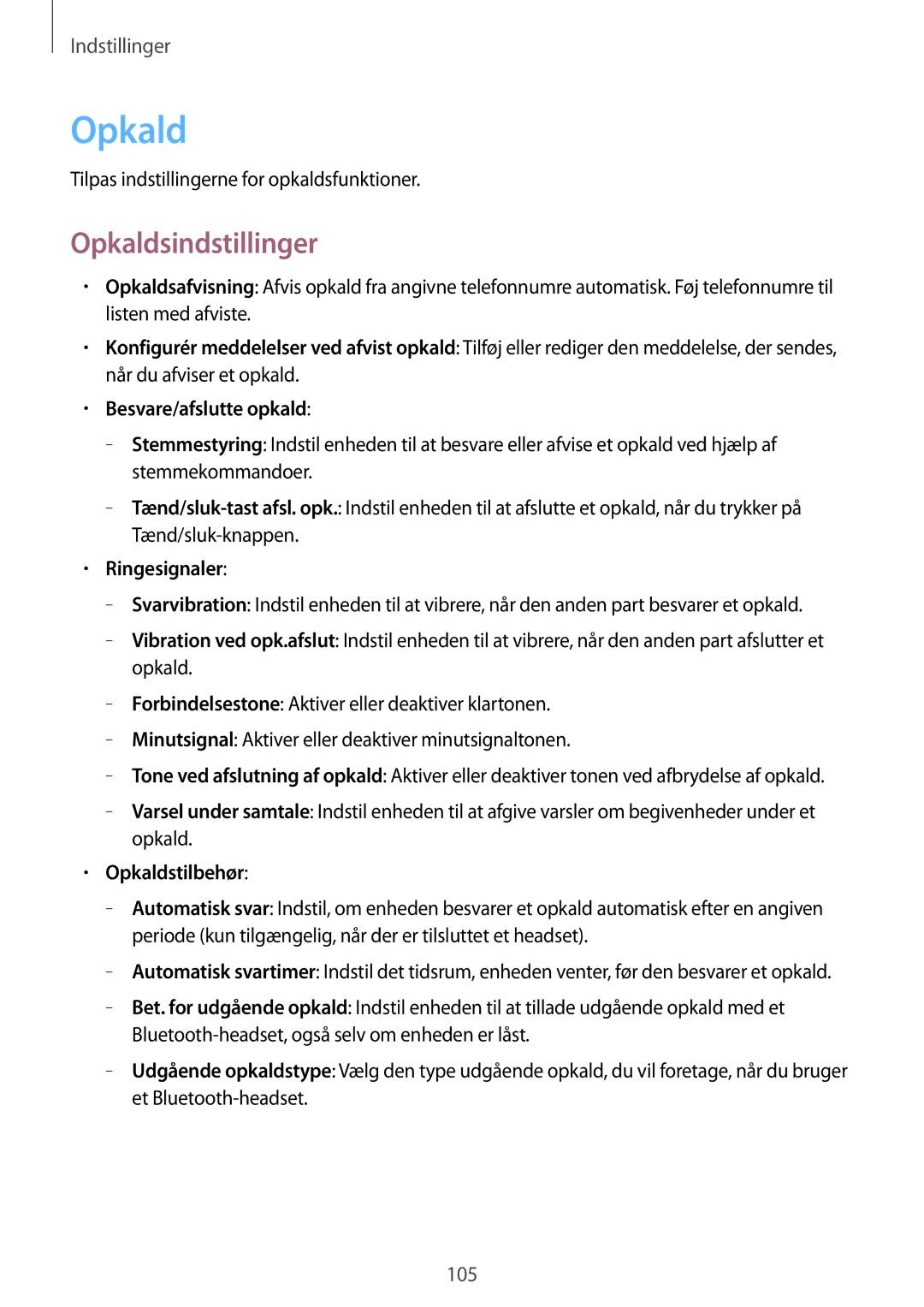 Samsung GT-N8020ZWANEE, GT-N8020EAATLA, GT-N8020EAANEE manual Opkaldsindstillinger, Ringesignaler, Opkaldstilbehør 