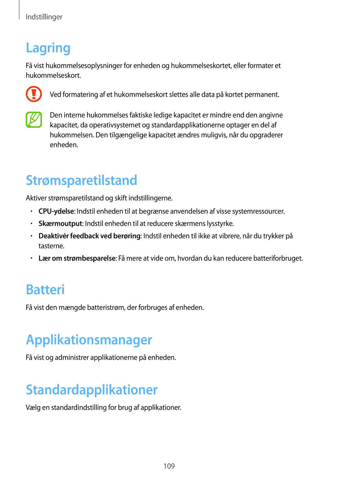 Samsung GT-N8020EAANEE, GT-N8020EAATLA Lagring, Strømsparetilstand, Batteri, Applikationsmanager, Standardapplikationer 