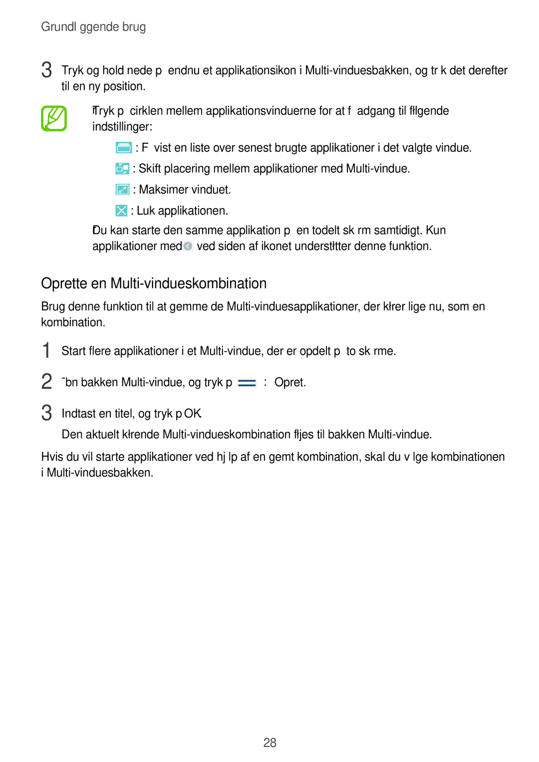 Samsung GT-N8020ZWAHTD, GT-N8020EAATLA, GT-N8020EAANEE, GT-N8020ZWATEN manual Oprette en Multi-vindueskombination, →Opret 