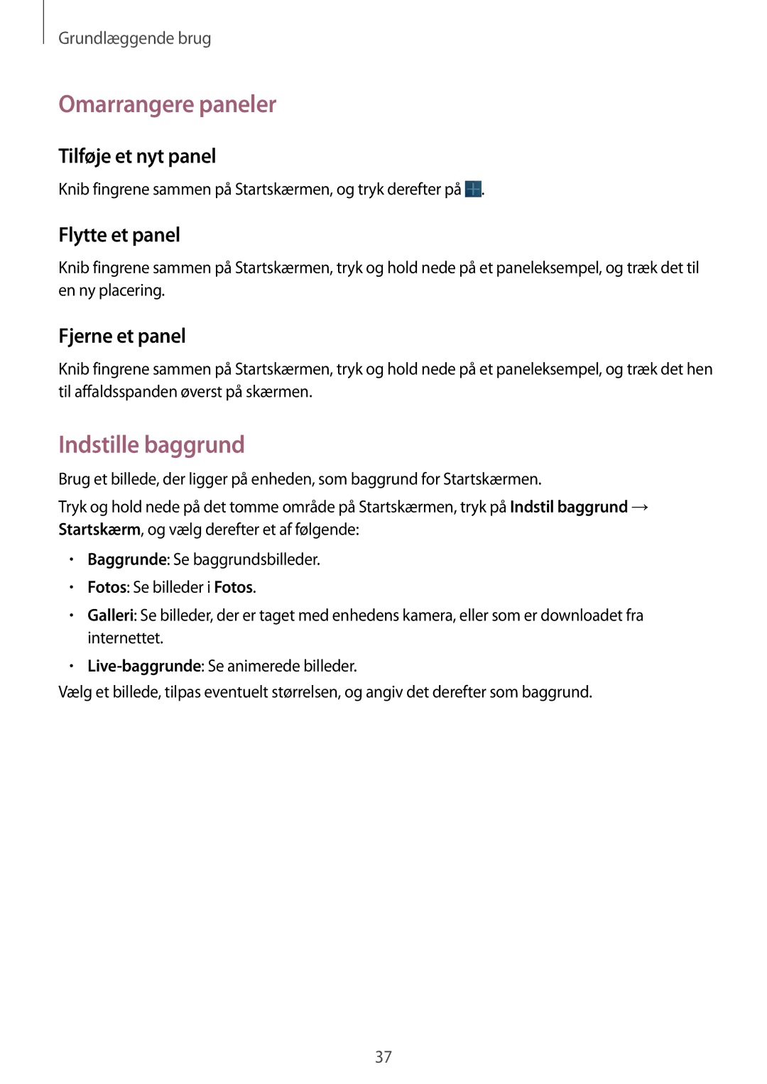 Samsung GT-N8020EAANEE Omarrangere paneler, Indstille baggrund, Tilføje et nyt panel, Flytte et panel, Fjerne et panel 