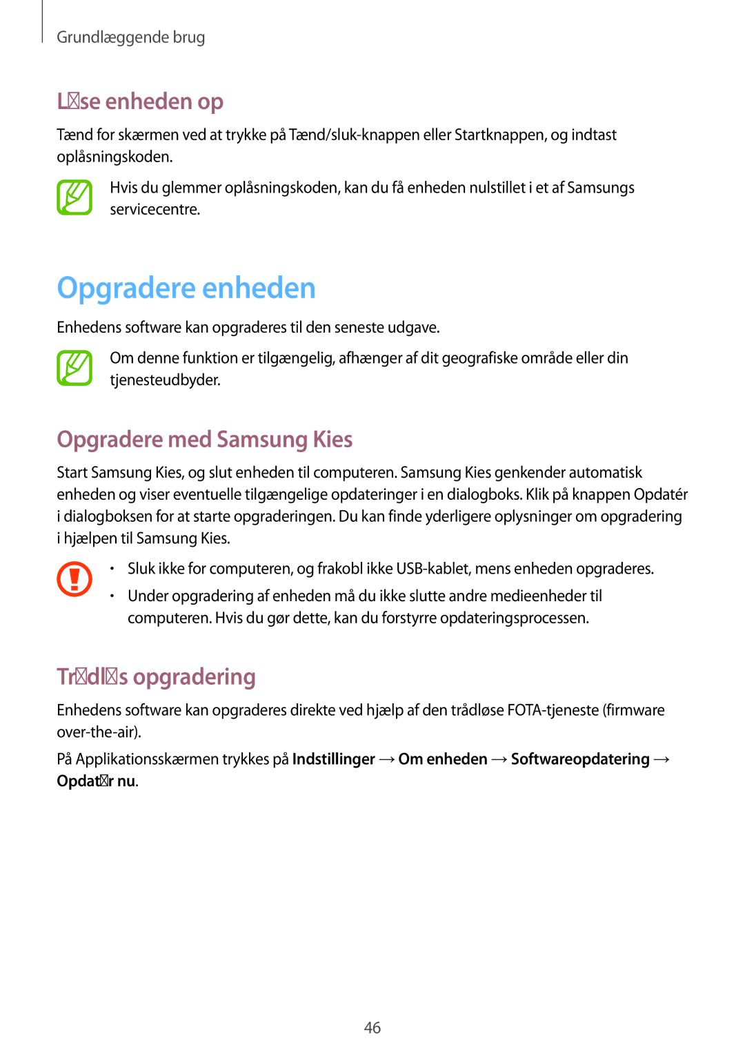 Samsung GT-N8020ZWAHTD, GT-N8020EAATLA Opgradere enheden, Låse enheden op, Opgradere med Samsung Kies, Trådløs opgradering 