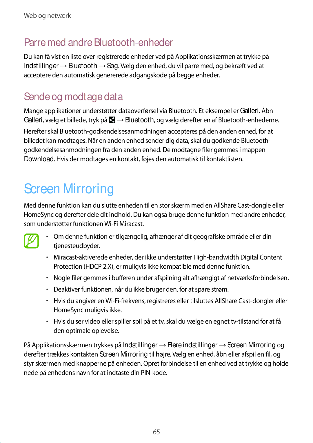 Samsung GT-N8020ZWATLA, GT-N8020EAATLA manual Screen Mirroring, Parre med andre Bluetooth-enheder, Sende og modtage data 