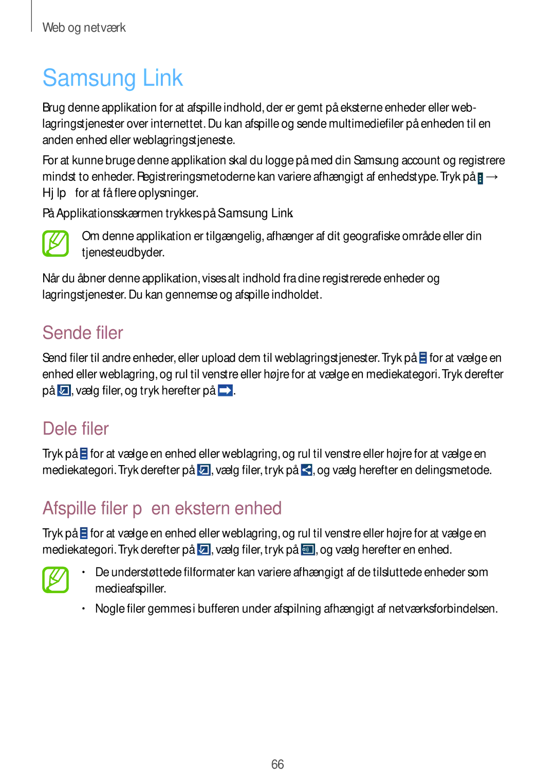 Samsung GT-N8020EAATLA, GT-N8020EAANEE manual Samsung Link, Sende filer, Dele filer, Afspille filer på en ekstern enhed 
