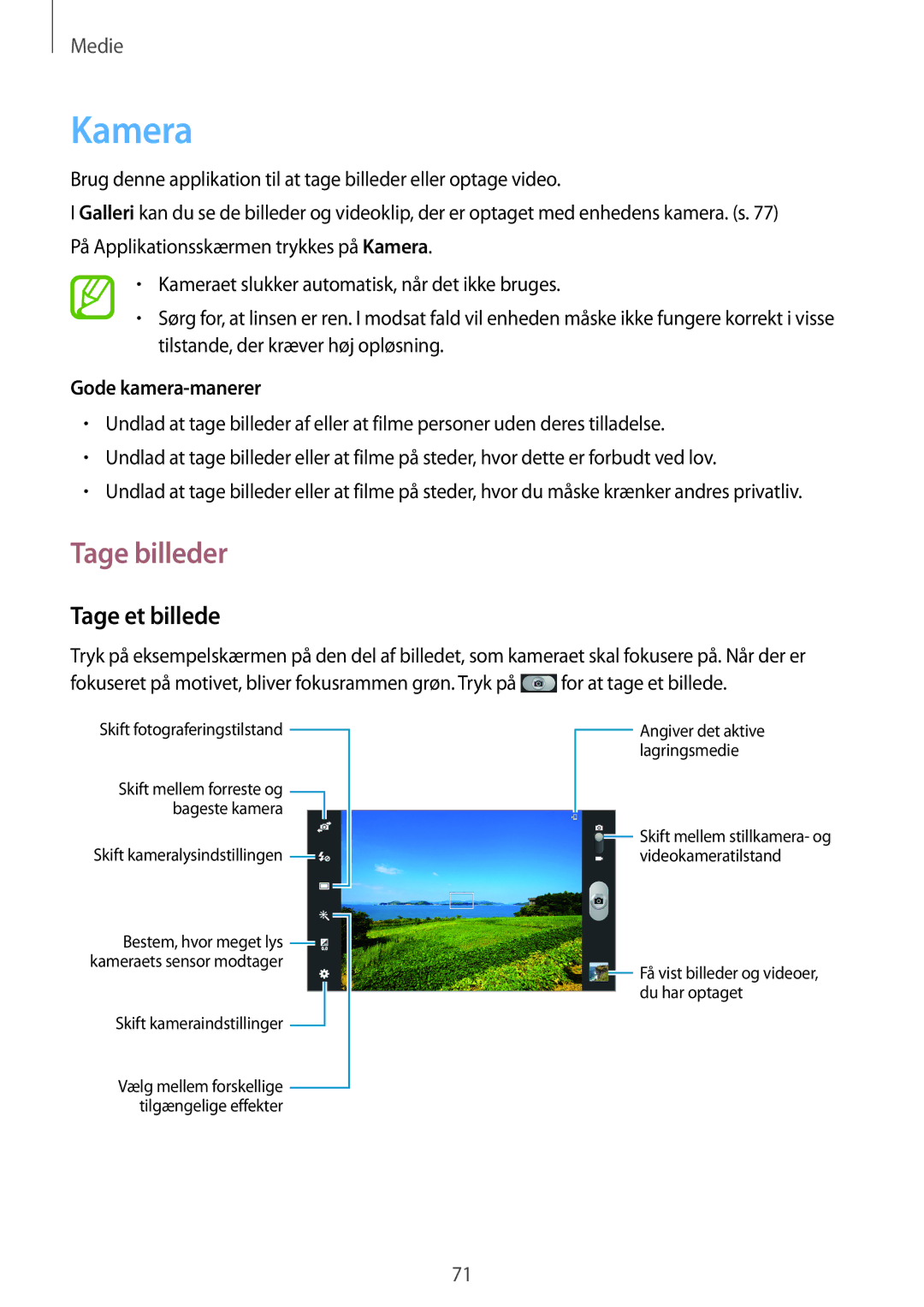 Samsung GT-N8020ZWATLA, GT-N8020EAATLA, GT-N8020EAANEE manual Kamera, Tage billeder, Tage et billede, Gode kamera-manerer 