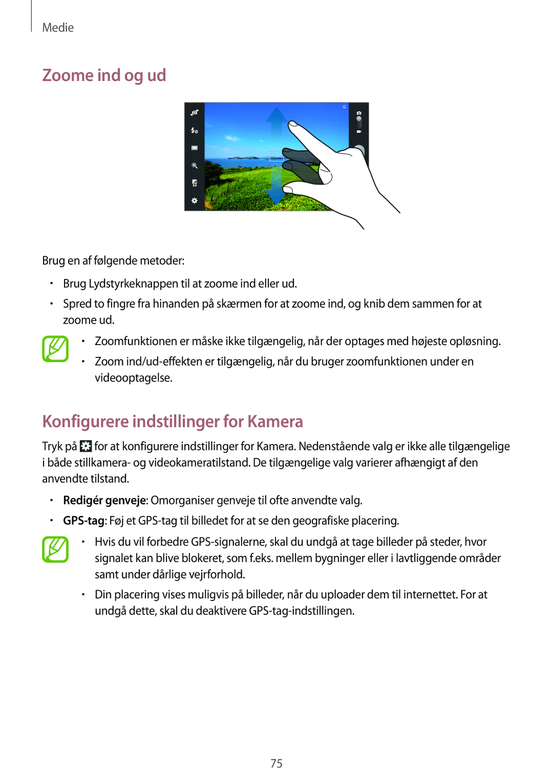 Samsung GT-N8020ZWANEE, GT-N8020EAATLA, GT-N8020EAANEE, GT-N8020ZWATEN Zoome ind og ud, Konfigurere indstillinger for Kamera 