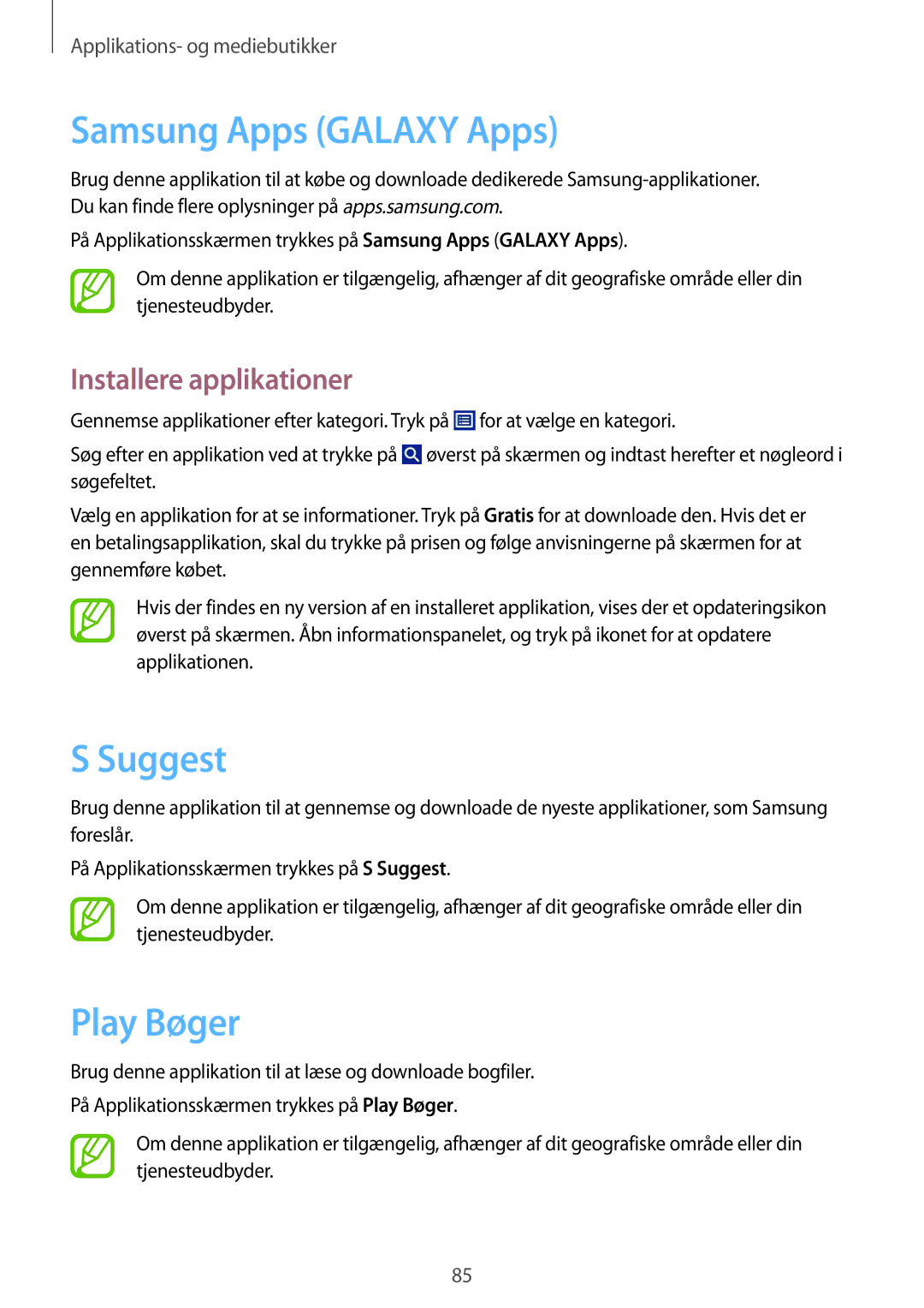 Samsung GT-N8020EAANEE, GT-N8020EAATLA, GT-N8020ZWATEN, GT-N8020ZWANEE manual Samsung Apps Galaxy Apps, Suggest, Play Bøger 