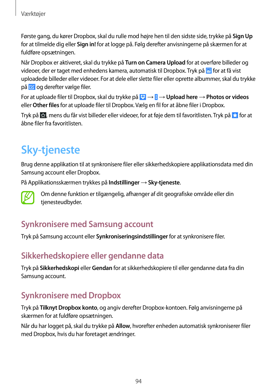 Samsung GT-N8020ZWAHTD manual Sky-tjeneste, Synkronisere med Samsung account, Sikkerhedskopiere eller gendanne data 