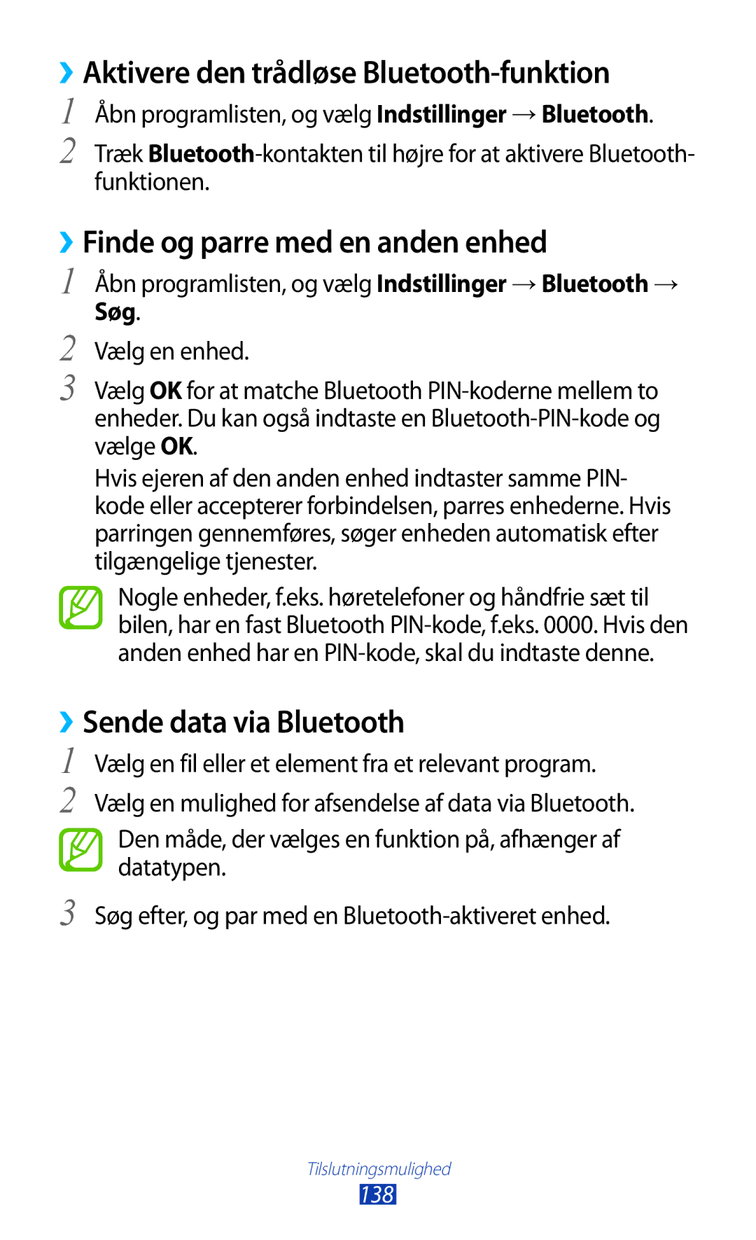 Samsung GT-N8020EAATLA manual ››Aktivere den trådløse Bluetooth-funktion, ››Finde og parre med en anden enhed, Søg 