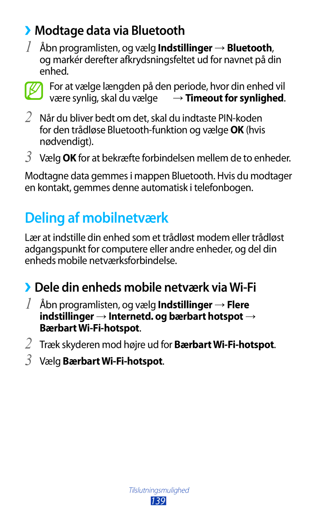 Samsung GT-N8020EAANEE Deling af mobilnetværk, ››Modtage data via Bluetooth, ››Dele din enheds mobile netværk via Wi-Fi 