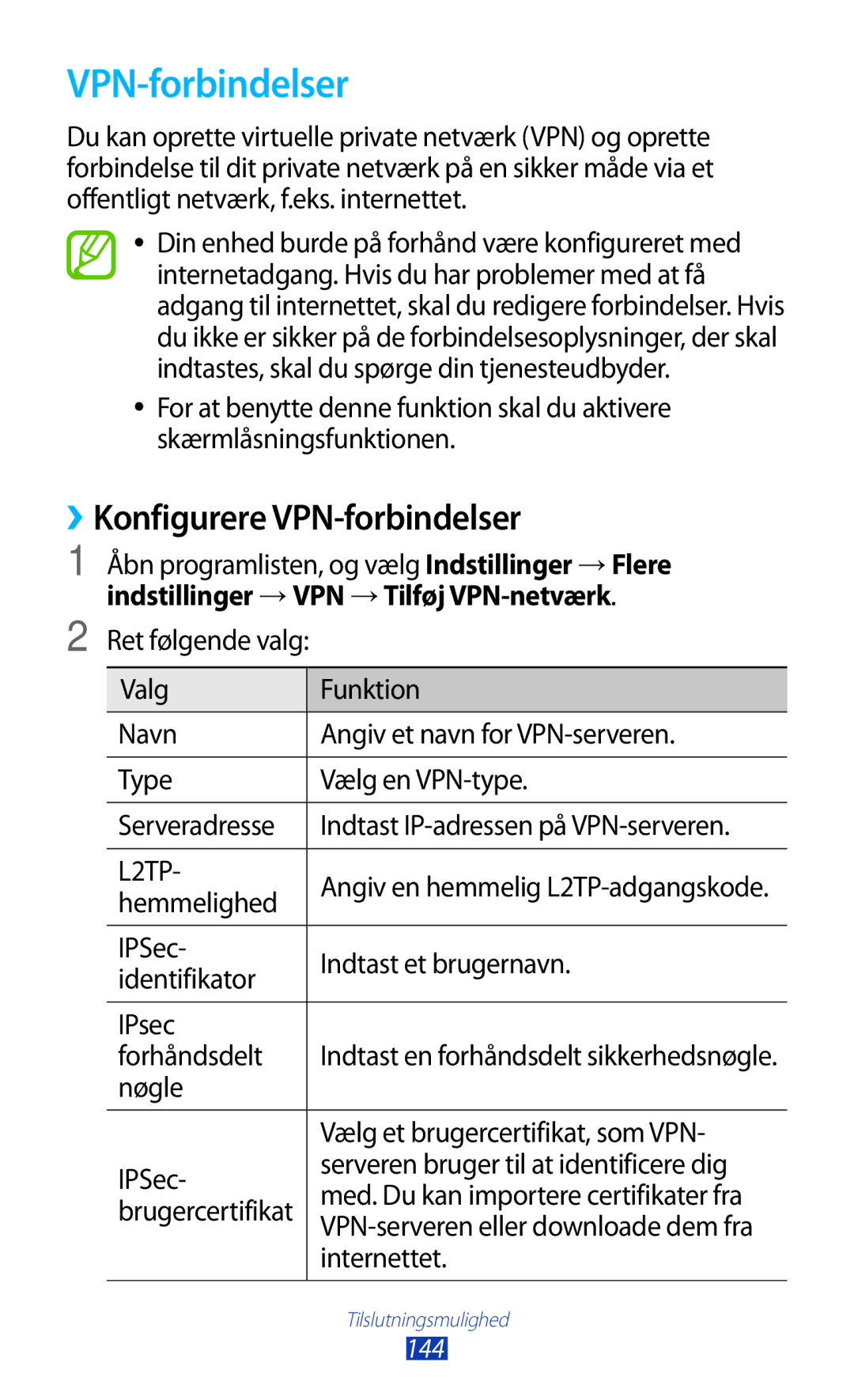 Samsung GT-N8020EAATLA manual ››Konfigurere VPN-forbindelser, Indstillinger →VPN →Tilføj VPN-netværk, Hemmelighed 