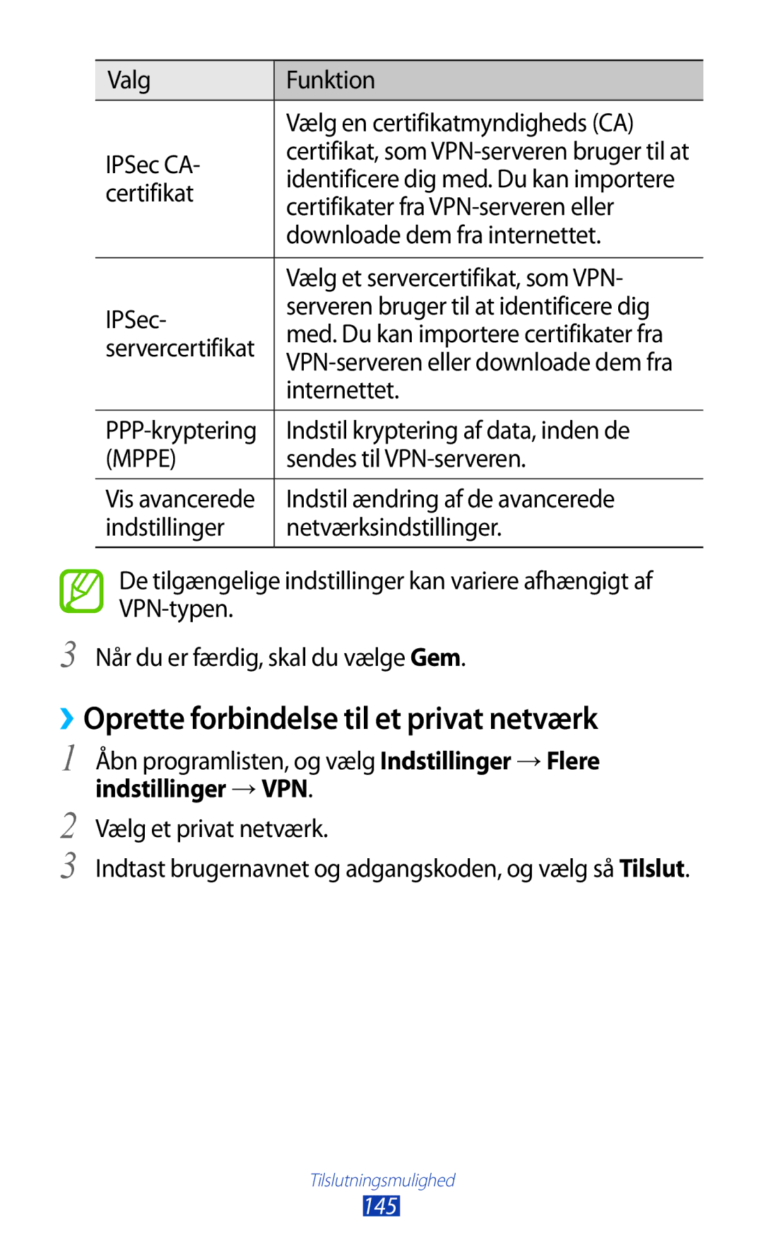 Samsung GT-N8020EAANEE, GT-N8020EAATLA, GT-N8020ZWATEN manual ››Oprette forbindelse til et privat netværk, Indstillinger →VPN 