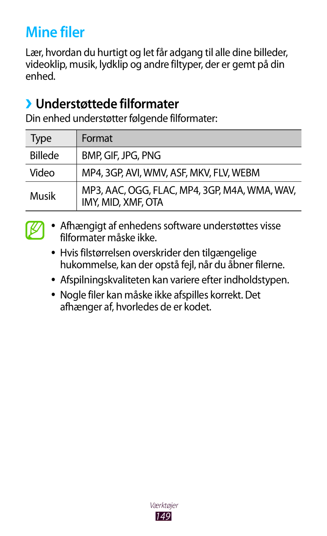 Samsung GT-N8020ZWATLA, GT-N8020EAATLA, GT-N8020EAANEE, GT-N8020ZWATEN Mine filer, ››Understøttede filformater, Video, Musik 