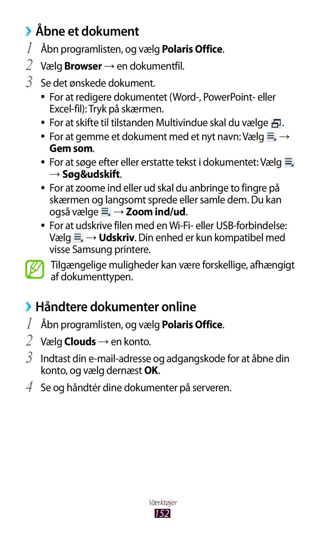 Samsung GT-N8020ZWATEN, GT-N8020EAATLA, GT-N8020EAANEE manual ››Åbne et dokument, ››Håndtere dokumenter online, → Søg&udskift 