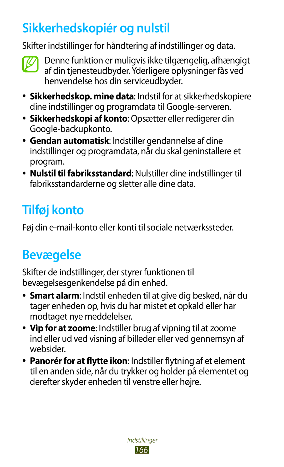 Samsung GT-N8020ZWAHTD, GT-N8020EAATLA, GT-N8020EAANEE, GT-N8020ZWATEN Sikkerhedskopiér og nulstil, Tilføj konto, Bevægelse 