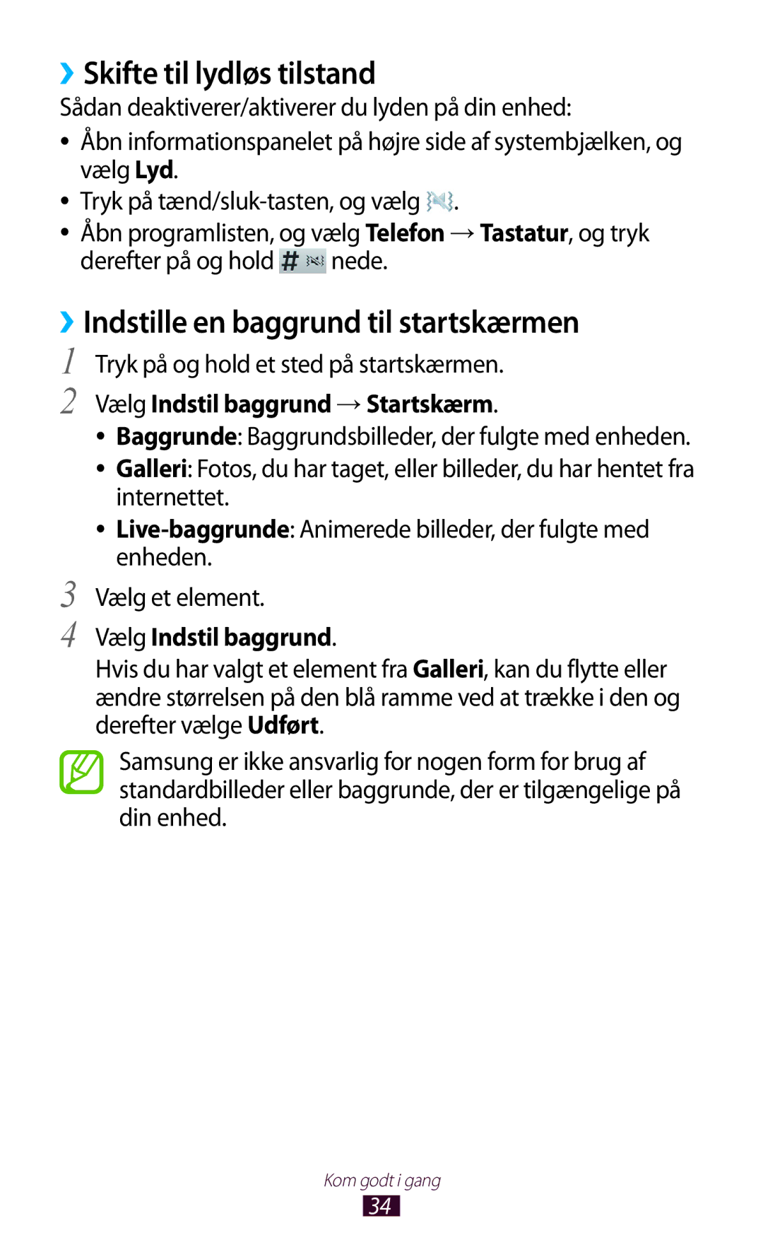 Samsung GT-N8020ZWAHTD manual ››Skifte til lydløs tilstand, ››Indstille en baggrund til startskærmen, Vælg Indstil baggrund 