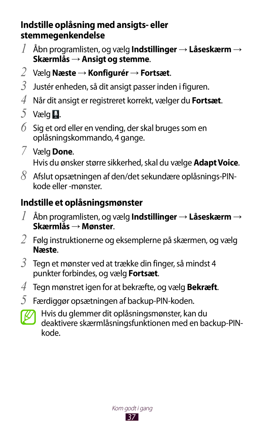 Samsung GT-N8020EAANEE manual Indstille et oplåsningsmønster, Indstille oplåsning med ansigts- eller stemmegenkendelse 