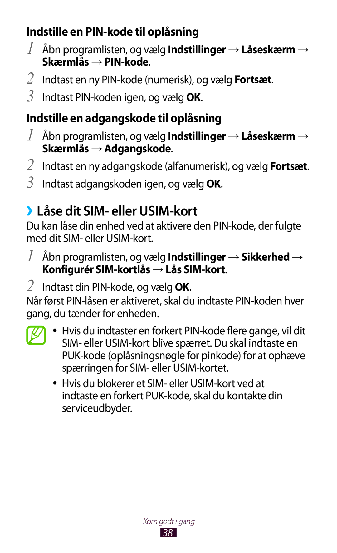 Samsung GT-N8020ZWATEN manual ››Låse dit SIM- eller USIM-kort, Indstille en PIN-kode til oplåsning, Skærmlås →PIN-kode 