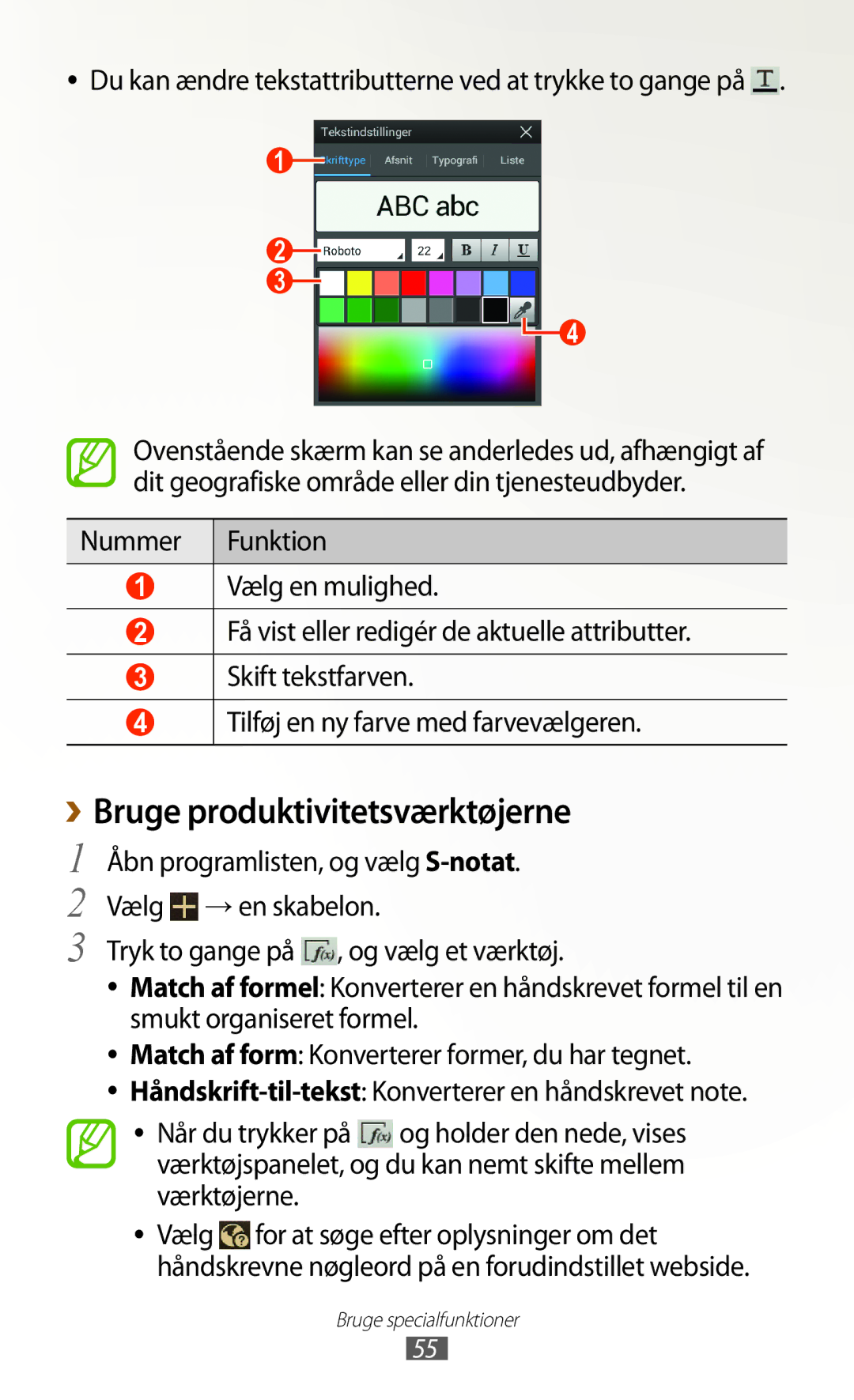 Samsung GT-N8020EAANEE manual ››Bruge produktivitetsværktøjerne, Du kan ændre tekstattributterne ved at trykke to gange på 