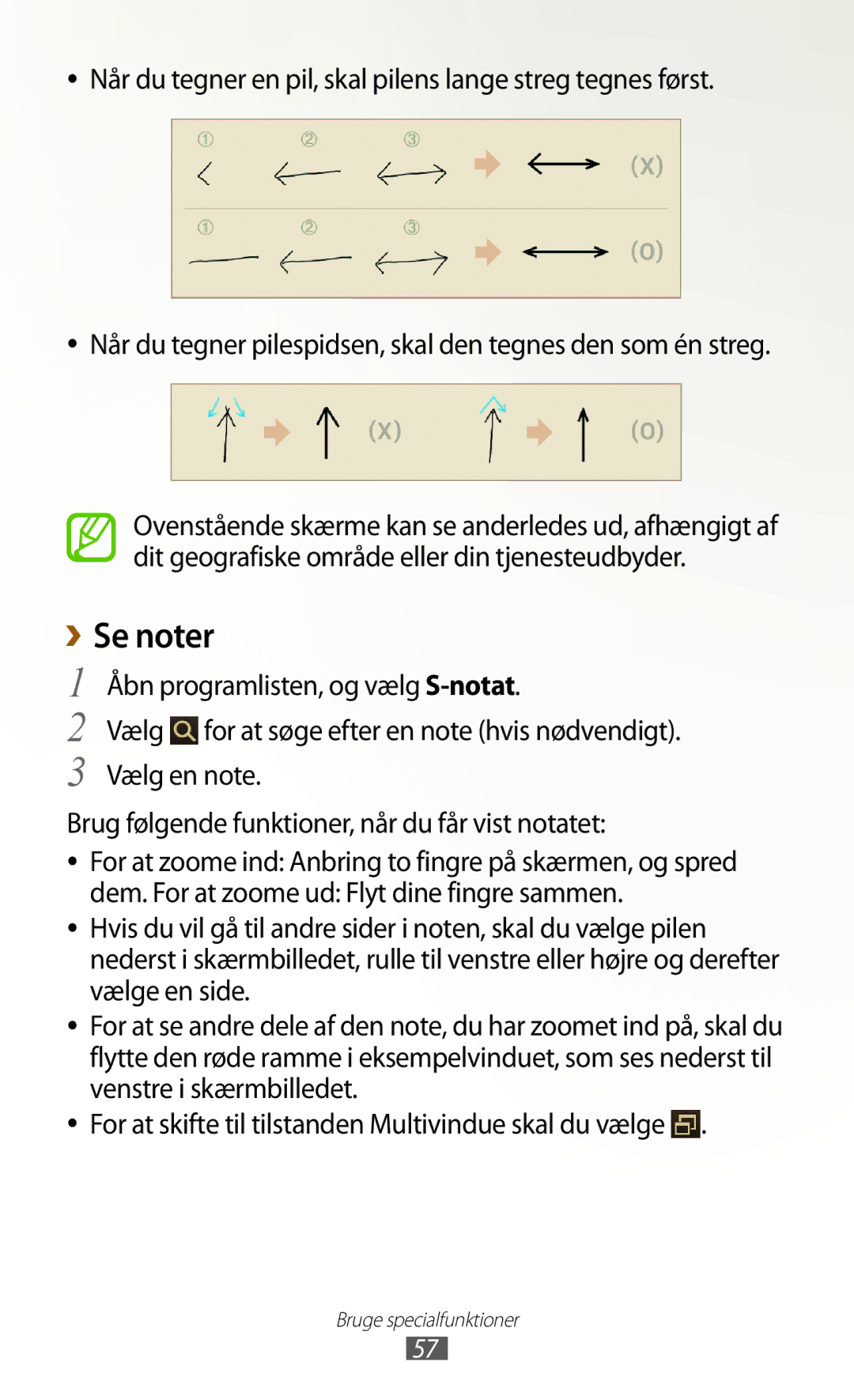 Samsung GT-N8020ZWANEE, GT-N8020EAATLA manual ››Se noter, Når du tegner en pil, skal pilens lange streg tegnes først 