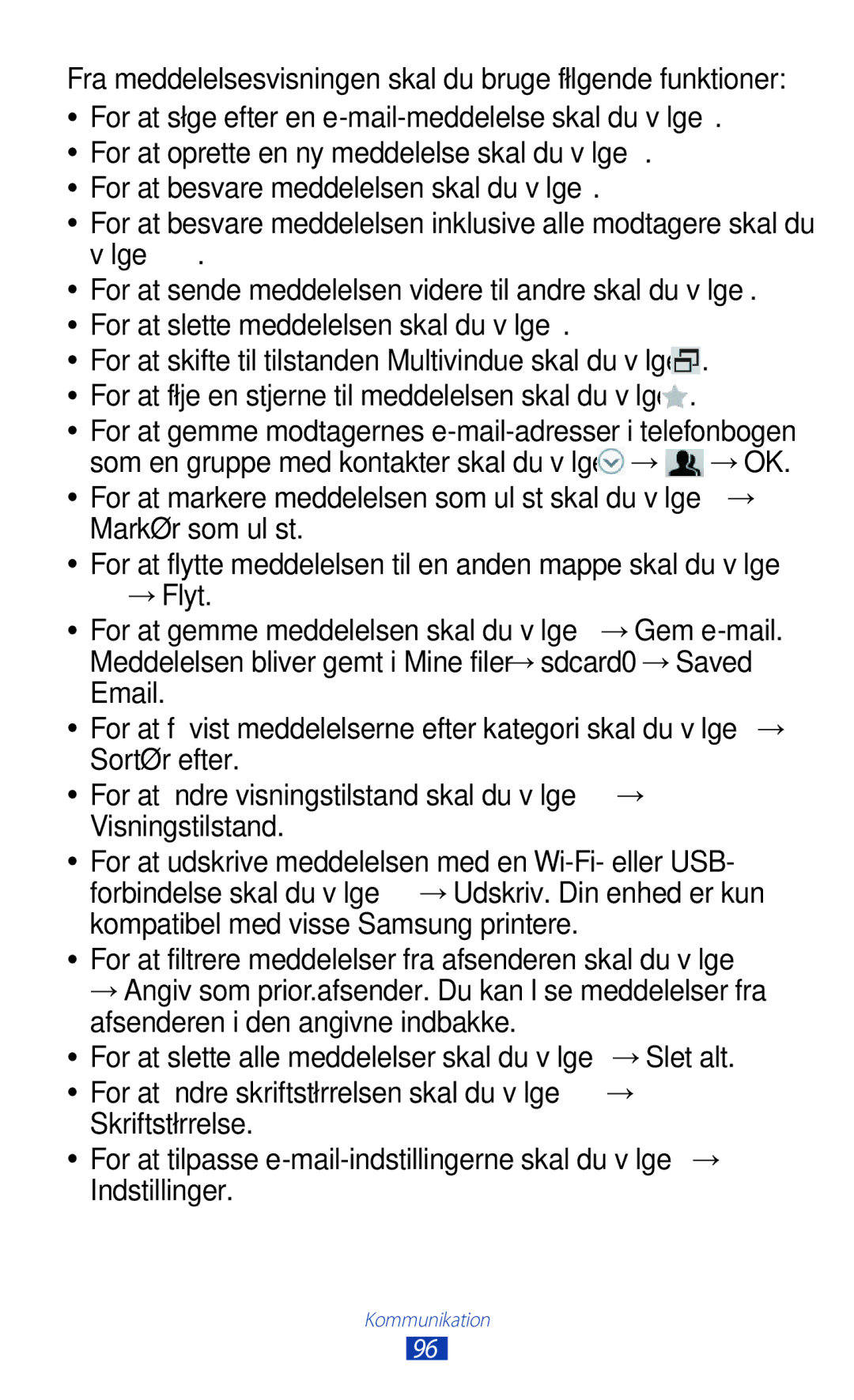 Samsung GT-N8020EAATLA, GT-N8020EAANEE, GT-N8020ZWATEN manual Markér som ulæst, →Flyt, Skriftstørrelse, Indstillinger 