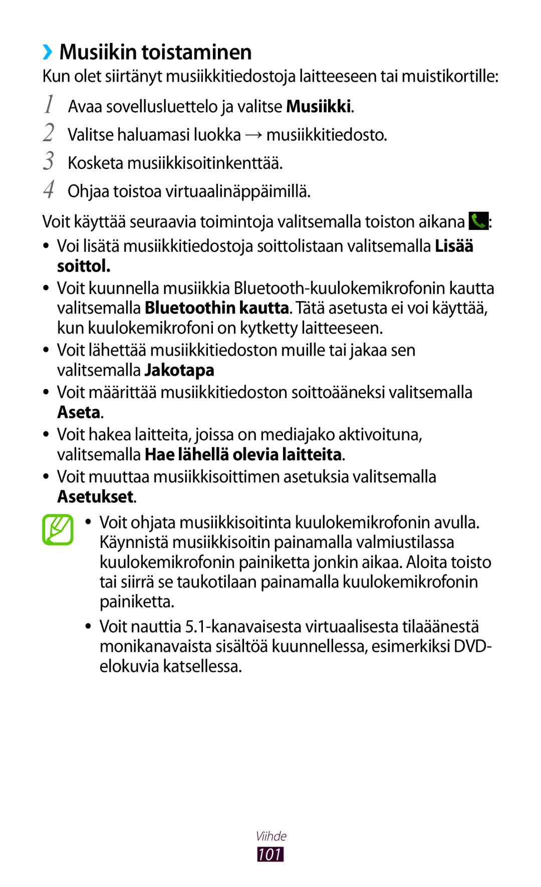 Samsung GT-N8020ZWATLA, GT-N8020EAATLA, GT-N8020EAANEE, GT-N8020ZWATEN, GT-N8020ZWANEE manual ››Musiikin toistaminen, Soittol 