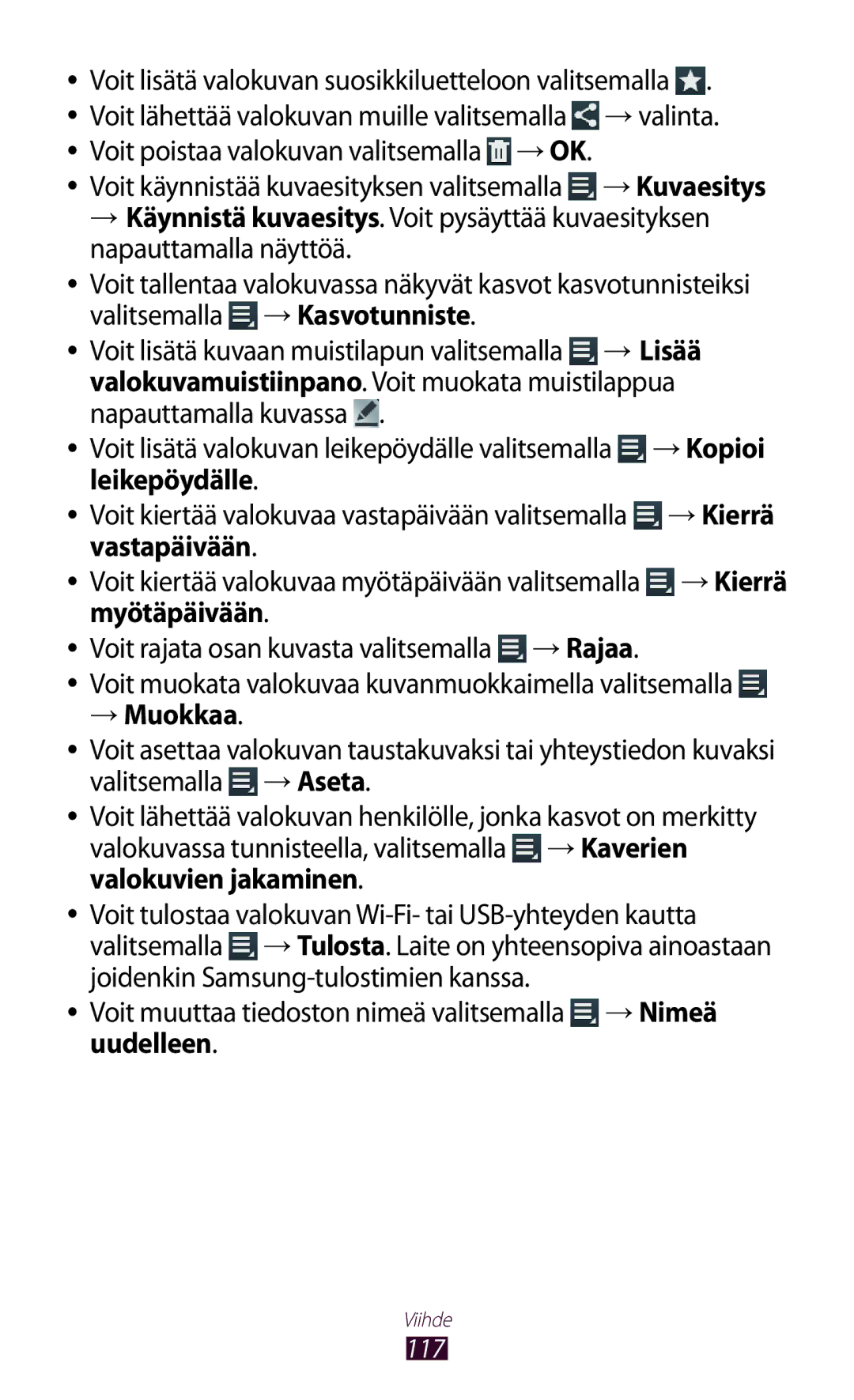 Samsung GT-N8020ZWANEE, GT-N8020EAATLA Napauttamalla kuvassa → Kopioi, Leikepöydälle → Kierrä, Vastapäivään, Myötäpäivään 