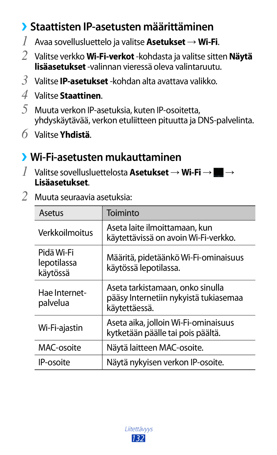 Samsung GT-N8020EAATLA manual ››Staattisten IP-asetusten määrittäminen, ››Wi-Fi-asetusten mukauttaminen, Valitse Staattinen 