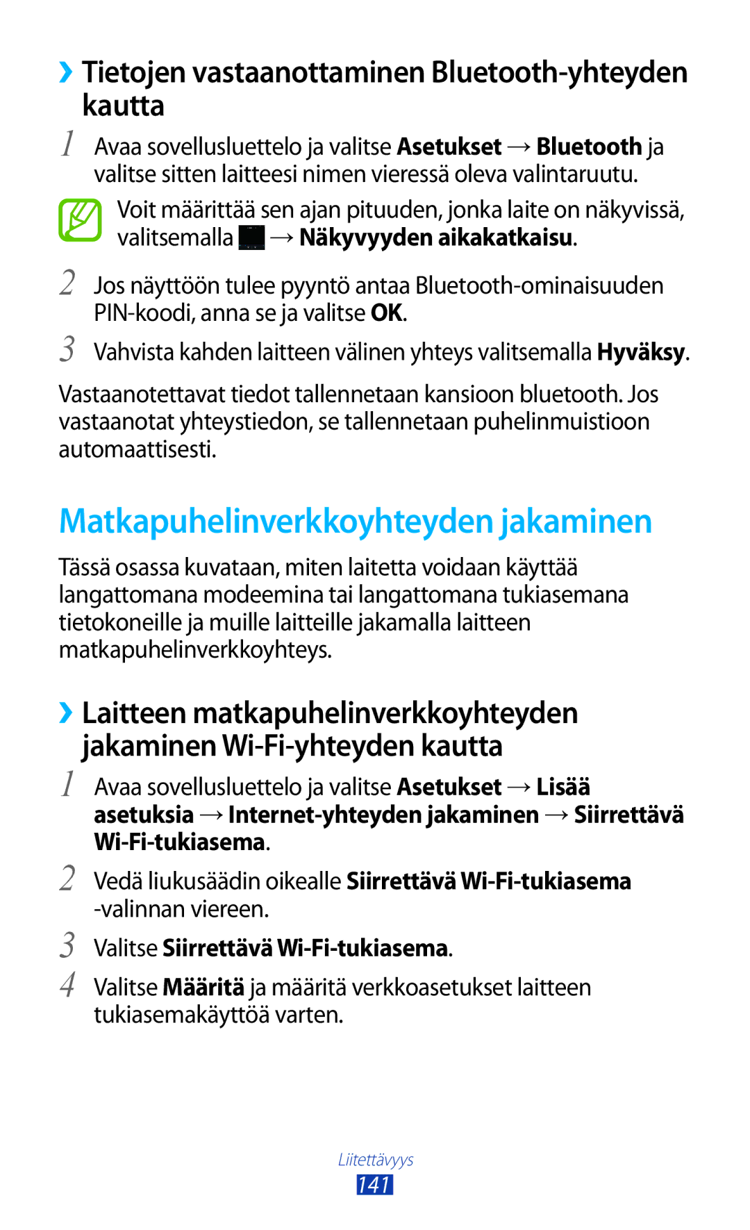 Samsung GT-N8020ZWANEE manual Matkapuhelinverkkoyhteyden jakaminen, ››Tietojen vastaanottaminen Bluetooth-yhteyden kautta 