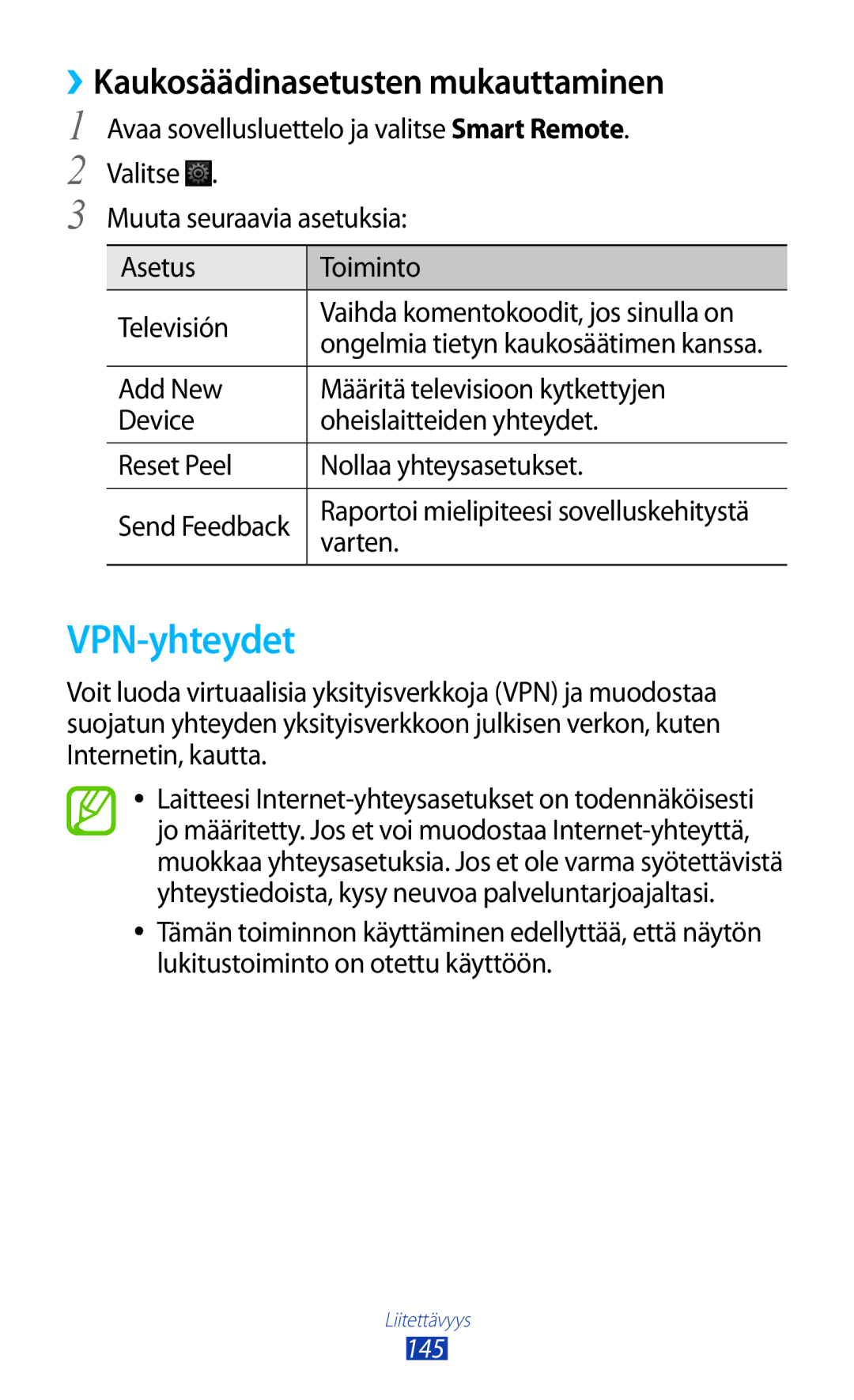 Samsung GT-N8020EAANEE, GT-N8020EAATLA, GT-N8020ZWATEN manual VPN-yhteydet, ››Kaukosäädinasetusten mukauttaminen, Varten 