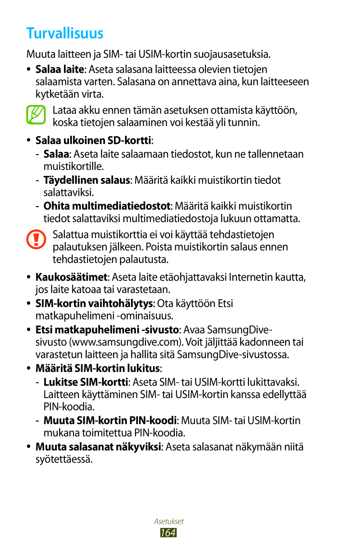 Samsung GT-N8020ZWATEN, GT-N8020EAATLA, GT-N8020EAANEE Turvallisuus, Salaa ulkoinen SD-kortti, Määritä SIM-kortin lukitus 