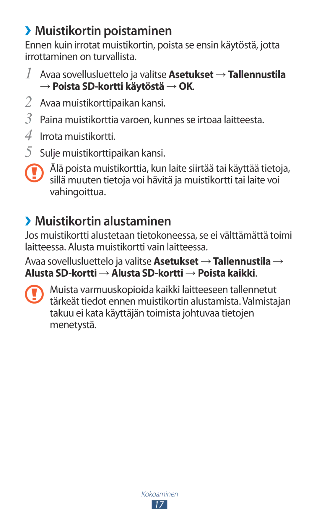 Samsung GT-N8020ZWATLA, GT-N8020EAATLA, GT-N8020EAANEE manual ››Muistikortin poistaminen, ››Muistikortin alustaminen 