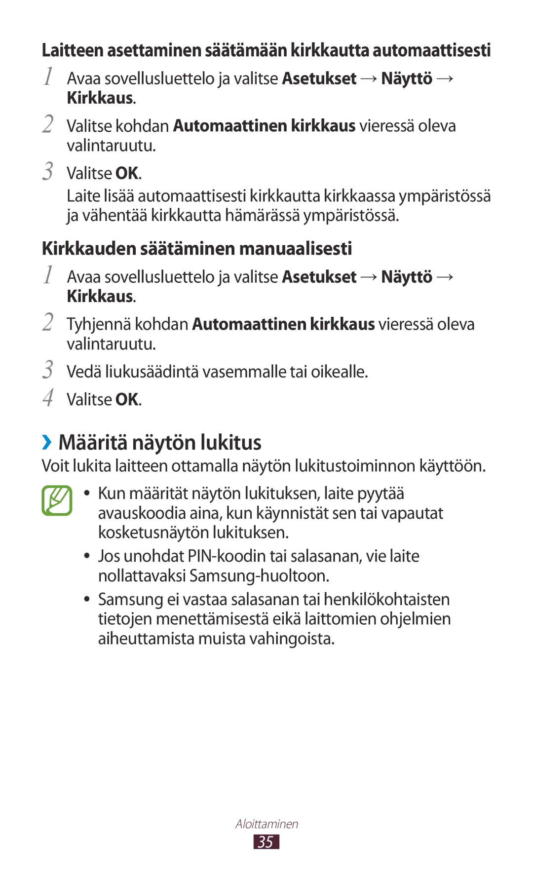 Samsung GT-N8020ZWATLA, GT-N8020EAATLA manual ››Määritä näytön lukitus, Kirkkauden säätäminen manuaalisesti, Valitse OK 