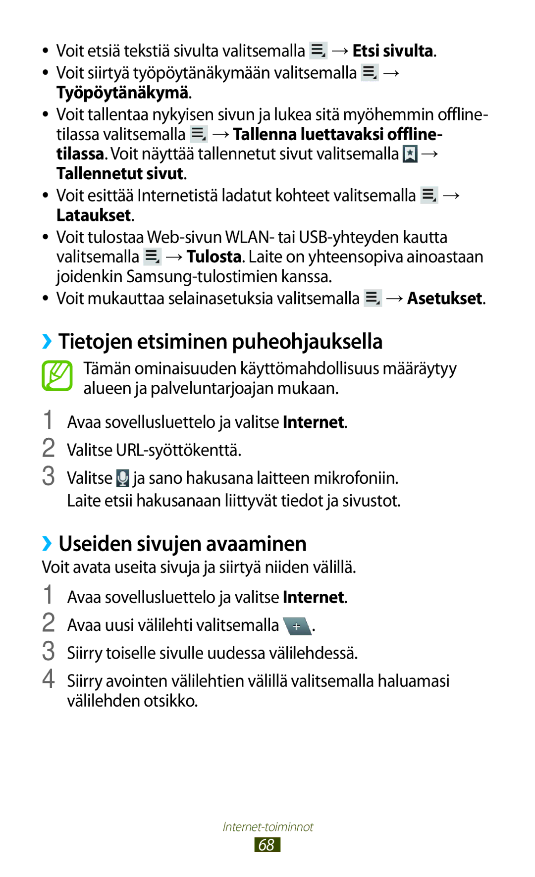 Samsung GT-N8020ZWATEN, GT-N8020EAATLA, GT-N8020EAANEE ››Tietojen etsiminen puheohjauksella, ››Useiden sivujen avaaminen 