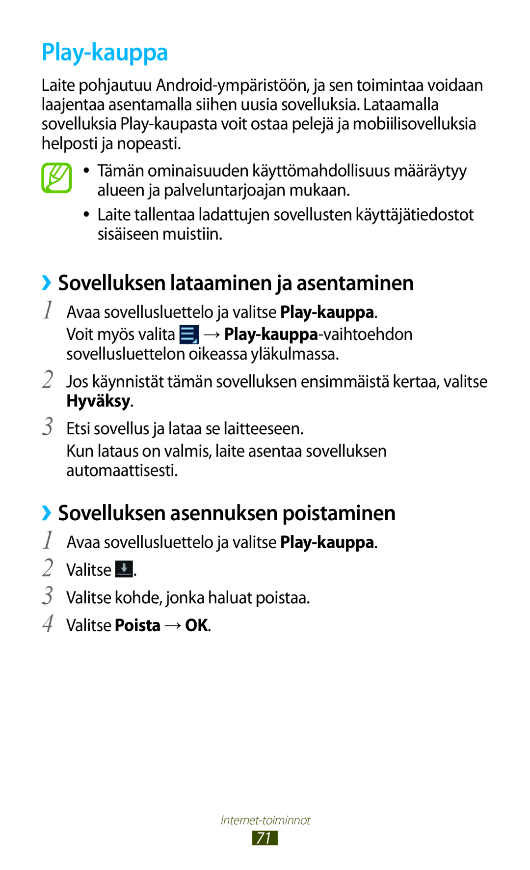 Samsung GT-N8020ZWATLA manual Play-kauppa, ››Sovelluksen lataaminen ja asentaminen, ››Sovelluksen asennuksen poistaminen 