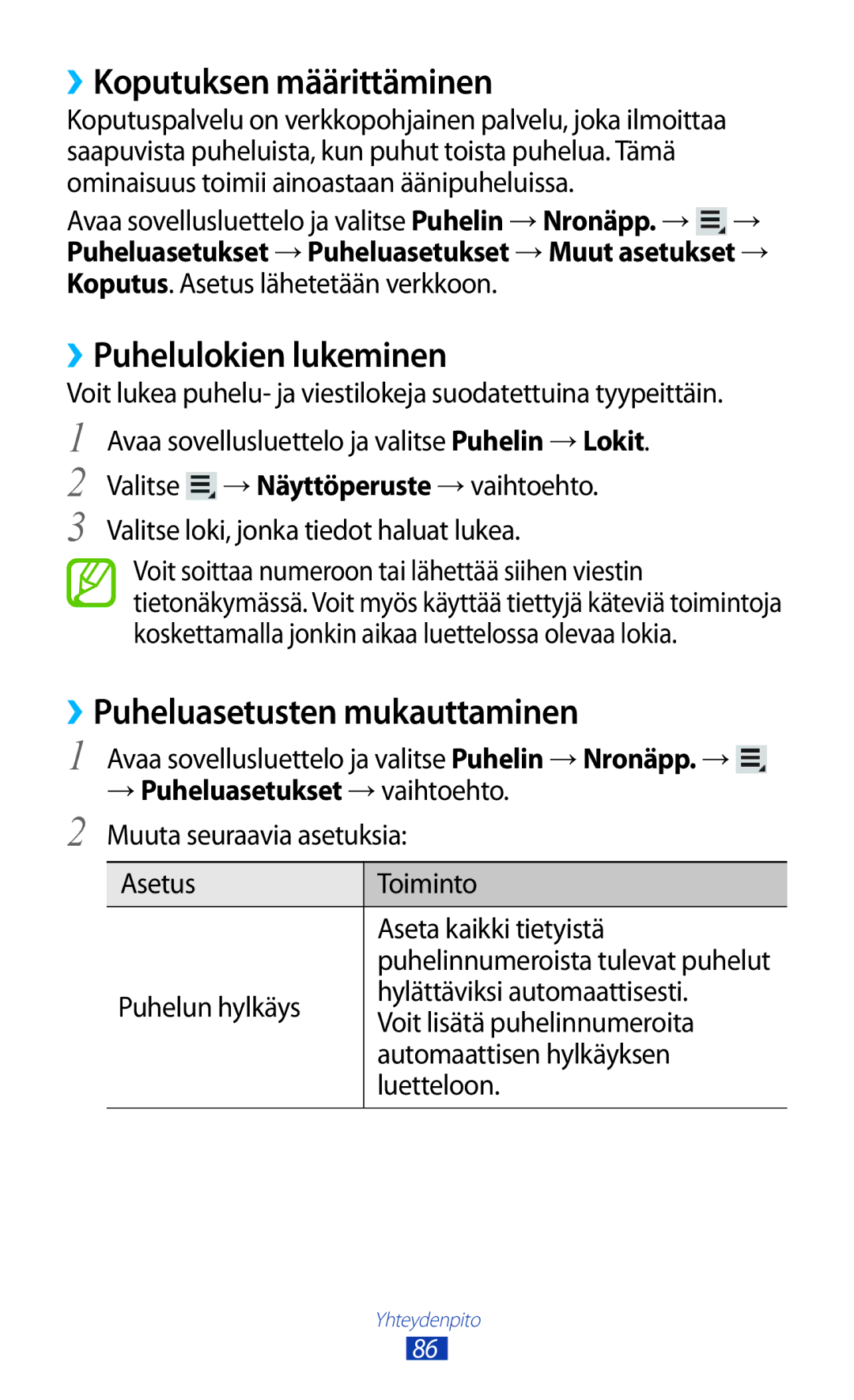 Samsung GT-N8020ZWATEN manual ››Koputuksen määrittäminen, ››Puhelulokien lukeminen, ››Puheluasetusten mukauttaminen 