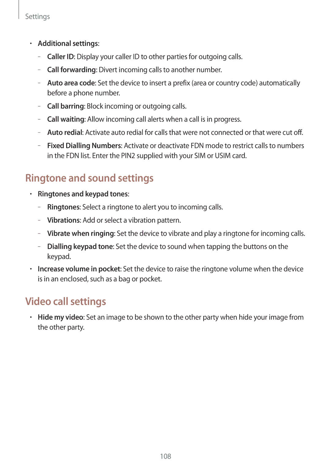 Samsung GT-N8020EAACNX Ringtone and sound settings, Video call settings, Additional settings, Ringtones and keypad tones 