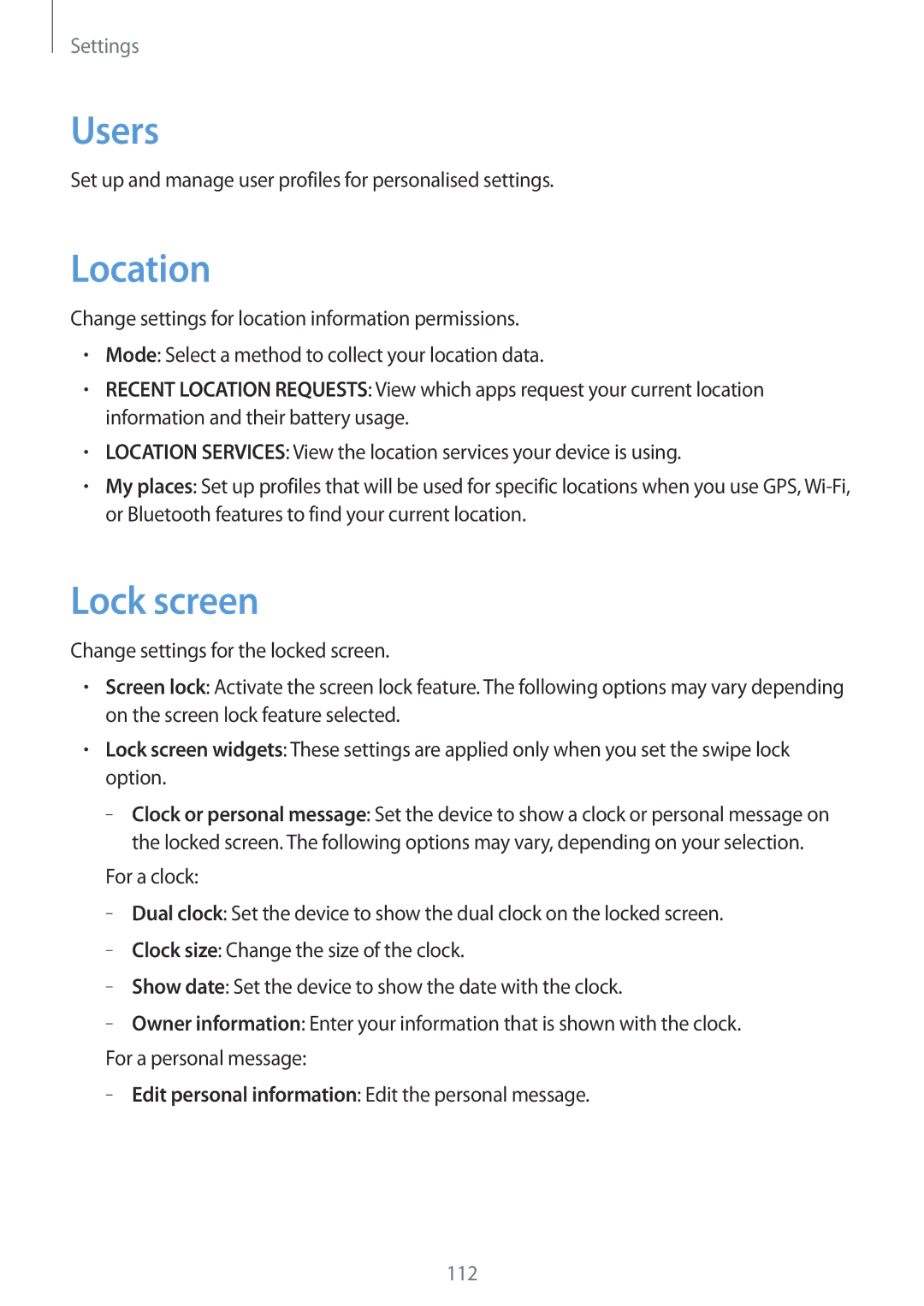 Samsung GT-N8020EAATPH, GT-N8020ZWAVD2, GT-N8020EAATMN, GT-N8020ZWADTM, GT-N8020ZWATPH manual Users, Location, Lock screen 