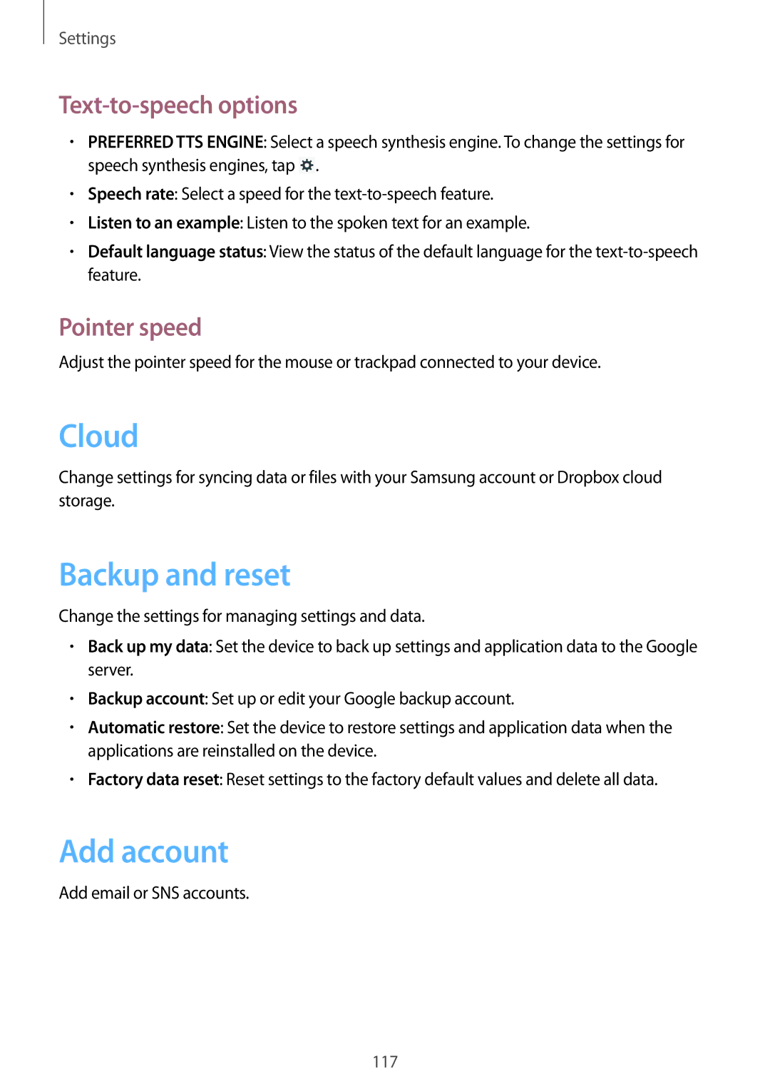 Samsung GT-N8020ZWATCL, GT-N8020EAATPH, GT-N8020ZWAVD2 Backup and reset, Add account, Text-to-speech options, Pointer speed 