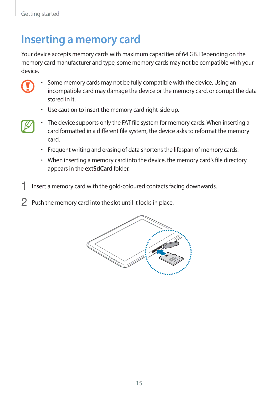 Samsung GT-N8020EAACRO, GT-N8020EAATPH, GT-N8020ZWAVD2, GT-N8020EAATMN, GT-N8020ZWADTM, GT-N8020ZWATPH Inserting a memory card 