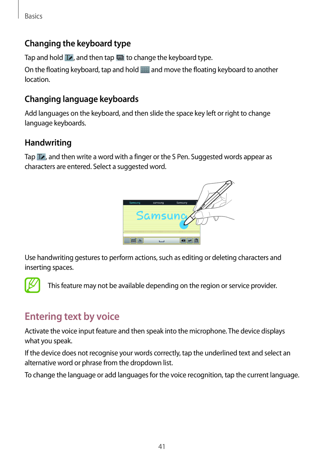 Samsung GT-N8020EAAATL manual Entering text by voice, Changing the keyboard type, Changing language keyboards, Handwriting 