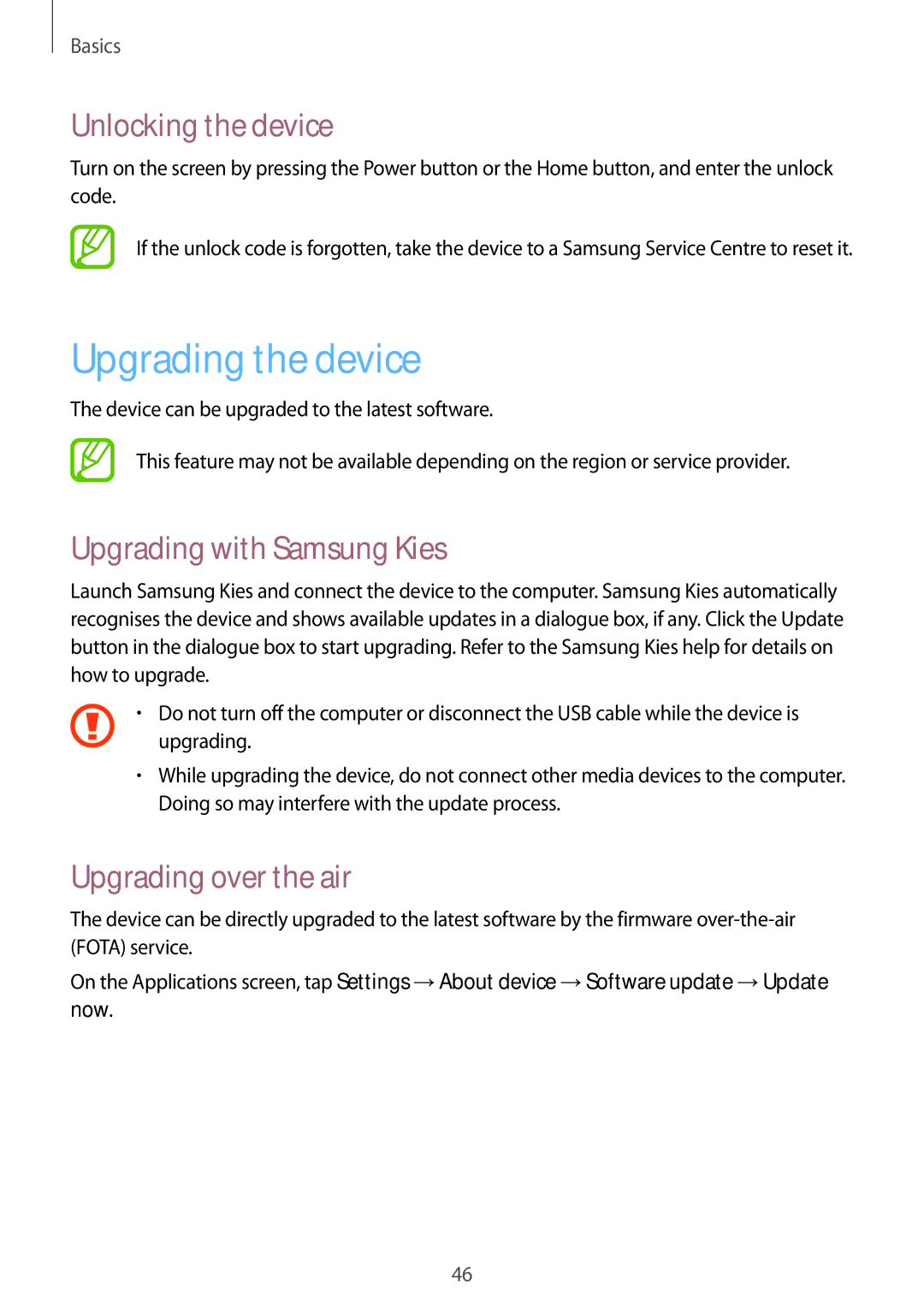 Samsung GT-N8020ZWANEE Upgrading the device, Unlocking the device, Upgrading with Samsung Kies, Upgrading over the air 