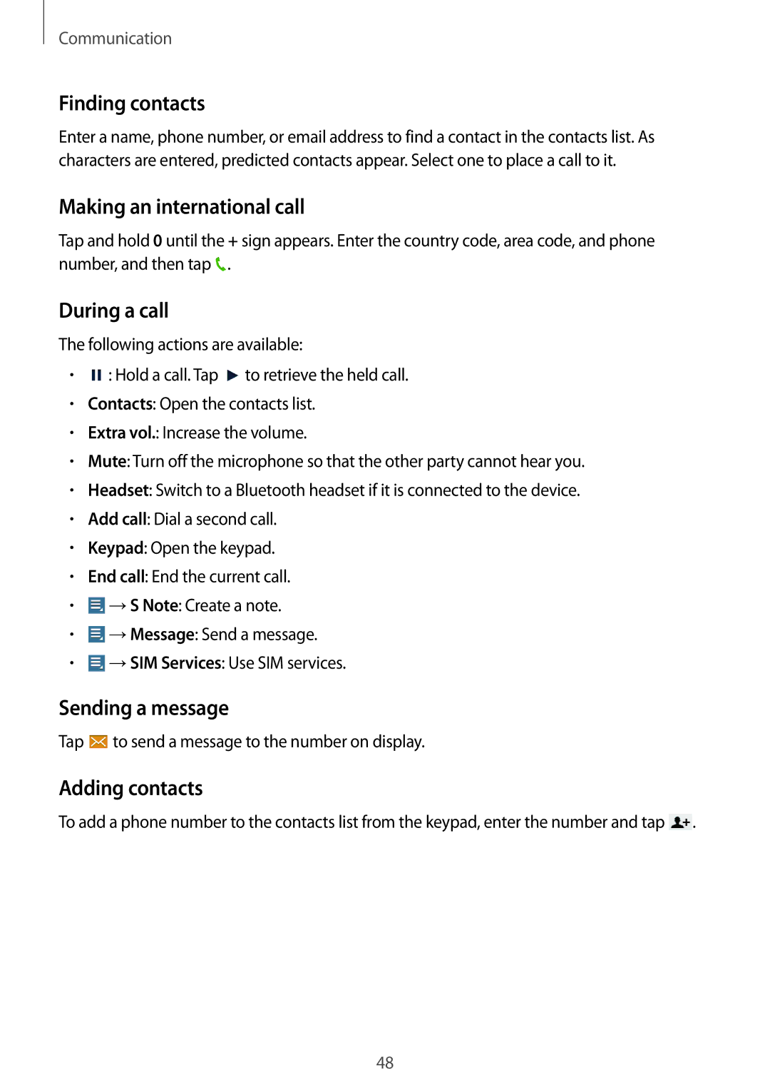 Samsung GT-N8020ZWASEB Finding contacts, Making an international call, During a call, Sending a message, Adding contacts 