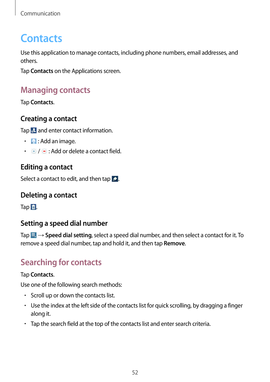 Samsung GT-N8020EAACNX, GT-N8020EAATPH, GT-N8020ZWAVD2, GT-N8020EAATMN Contacts, Managing contacts, Searching for contacts 