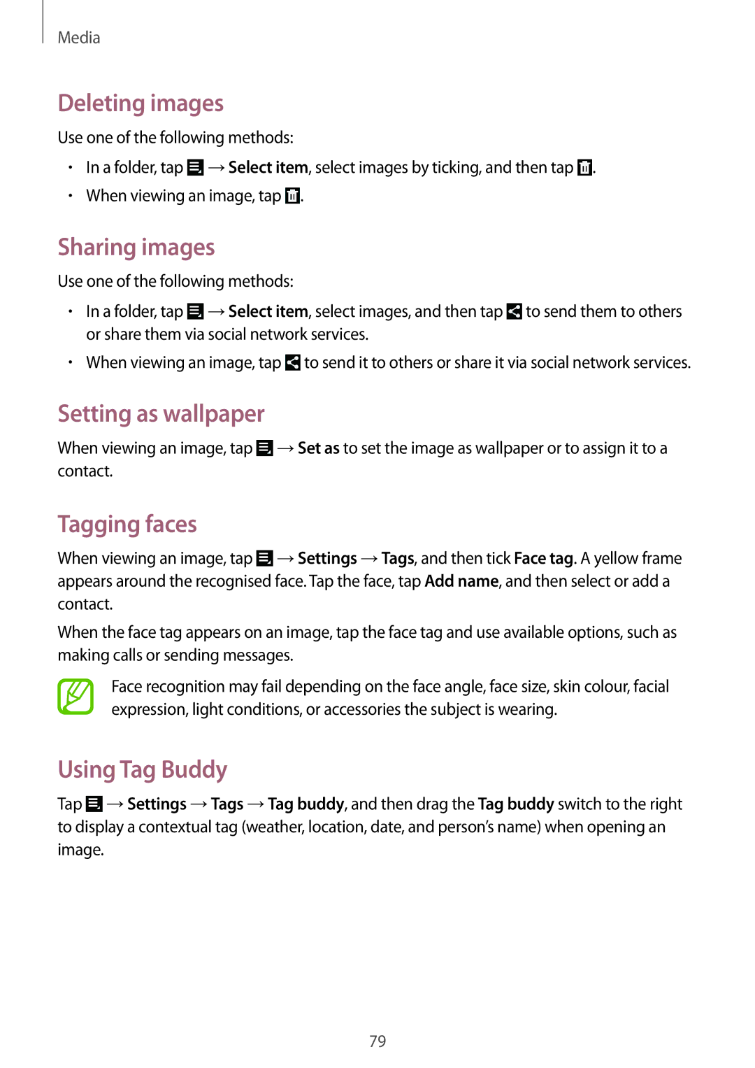 Samsung GT-N8020ZWACOS manual Deleting images, Sharing images, Setting as wallpaper, Tagging faces, Using Tag Buddy 