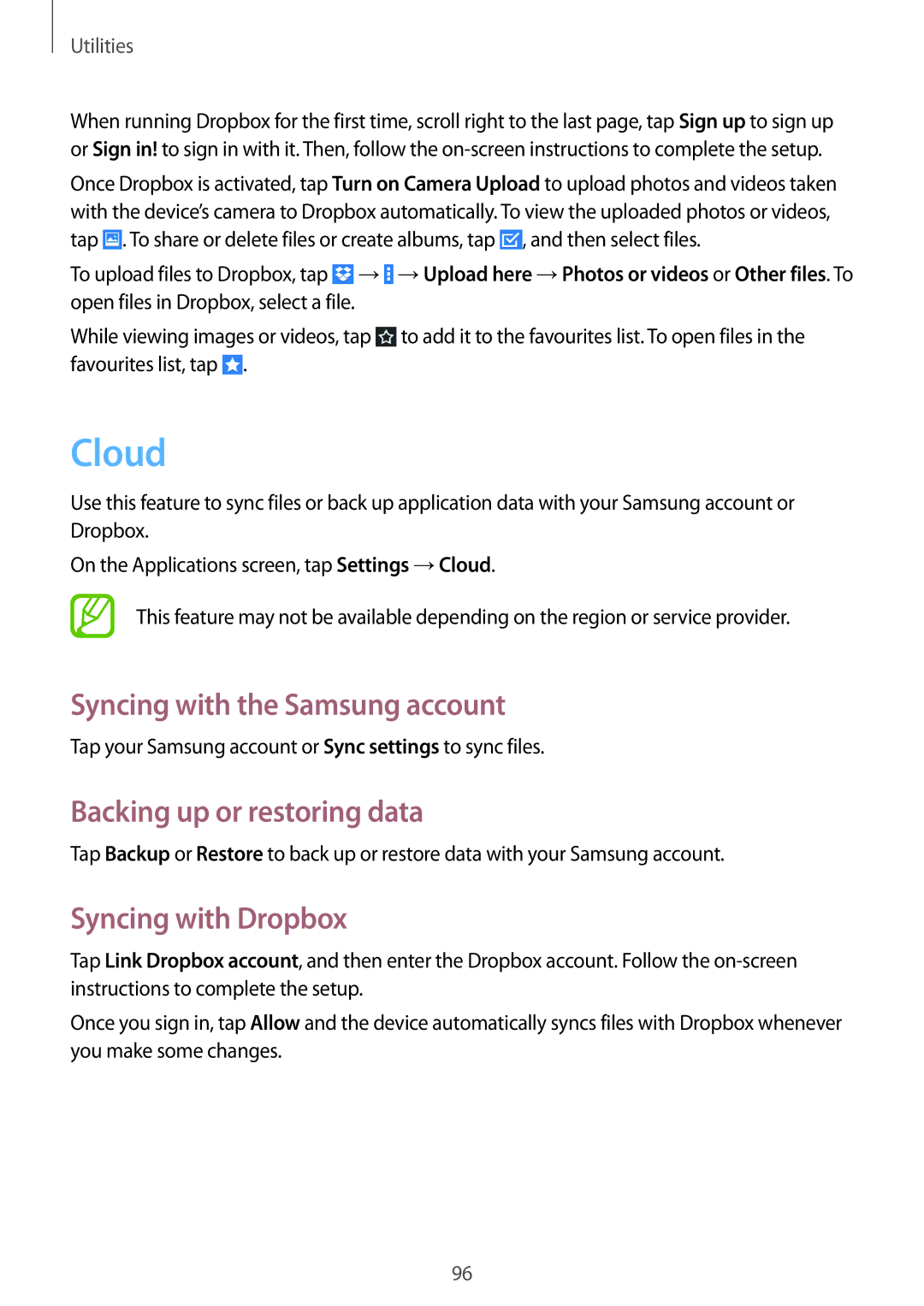 Samsung GT-N8020EAATLA manual Cloud, Syncing with the Samsung account, Backing up or restoring data, Syncing with Dropbox 