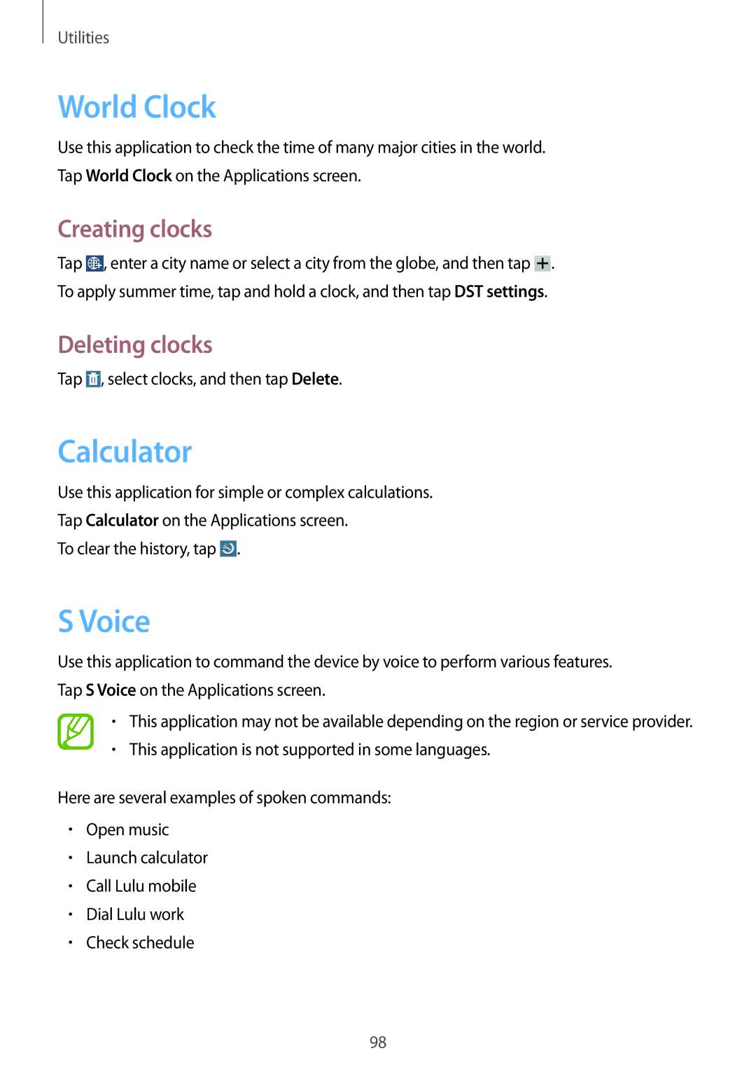 Samsung GT-N8020EAAVIP, GT-N8020EAATPH, GT-N8020ZWAVD2 World Clock, Calculator, Voice, Creating clocks, Deleting clocks 