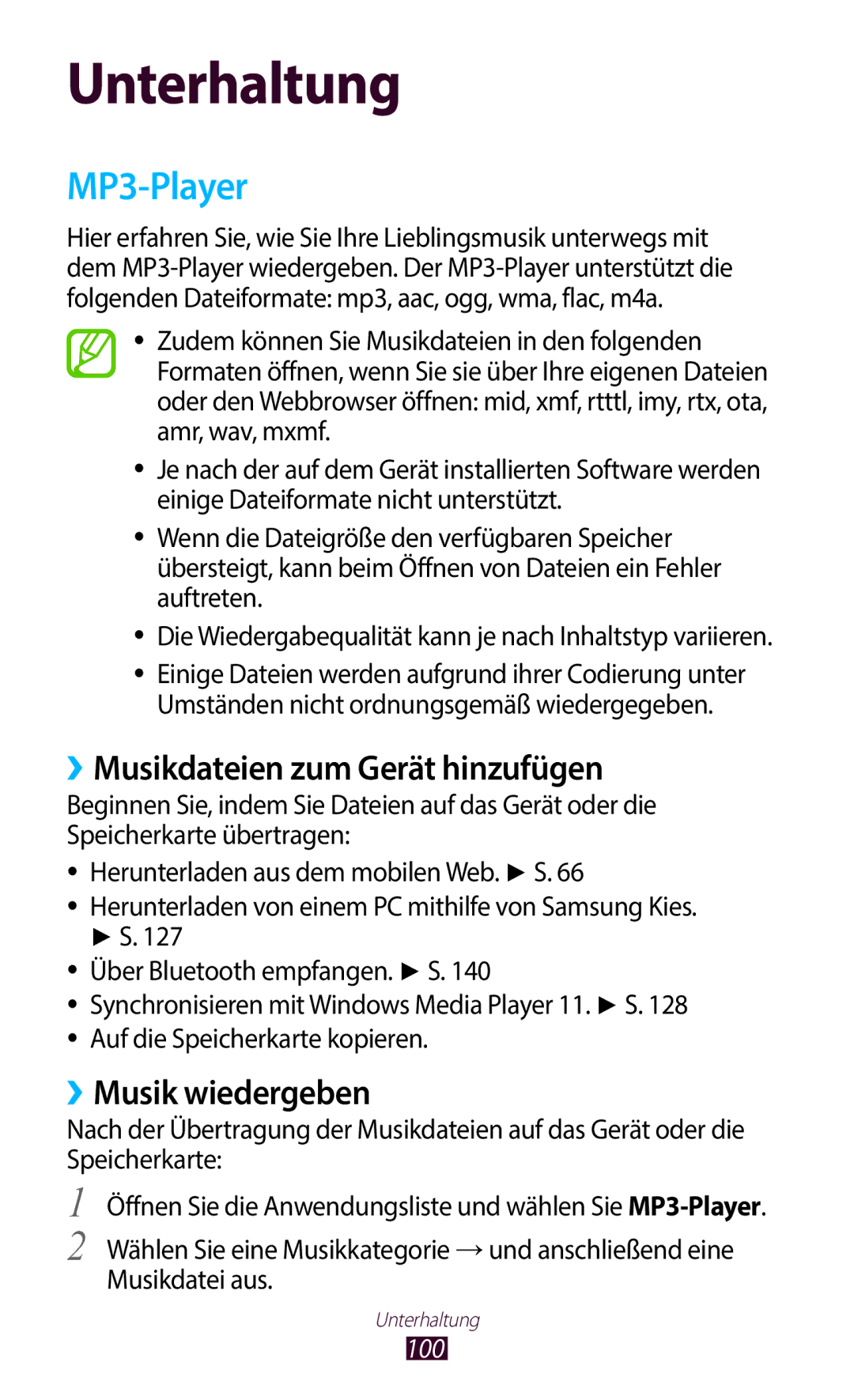 Samsung GT-N8020ZWATPH, GT-N8020EAATPH manual MP3-Player, ››Musikdateien zum Gerät hinzufügen, ››Musik wiedergeben, 100 